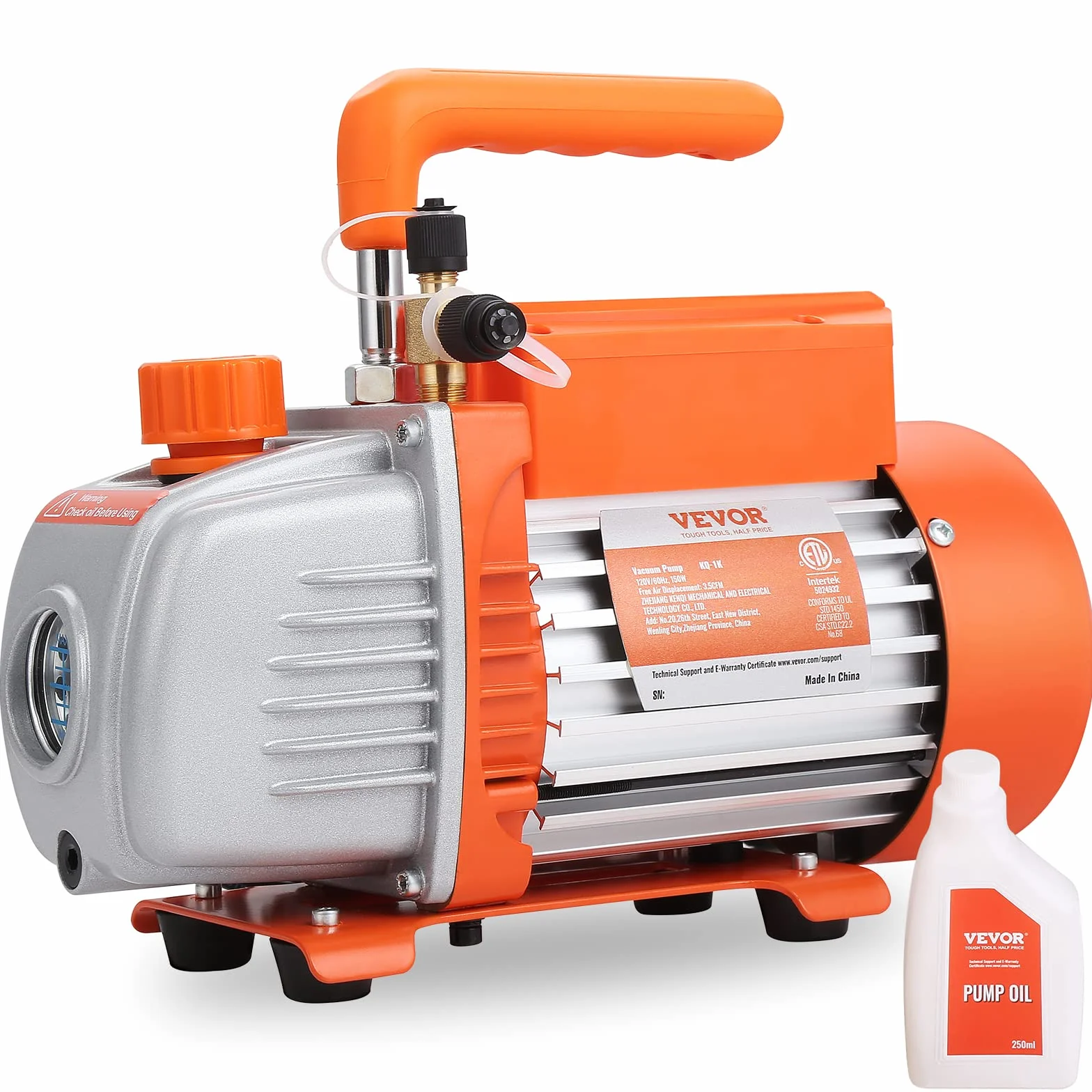 VEVOR Chłodnicza pompa próżniowa Klimatyzacja 150 W Pompa jednostopniowa 100 l/min 220-240 V Wlot męski SAE 0,64 cm 0,95 cm dla motoryzacji Naprawa HVAC Konserwacja chłodnictwa Odgazowanie żywicy