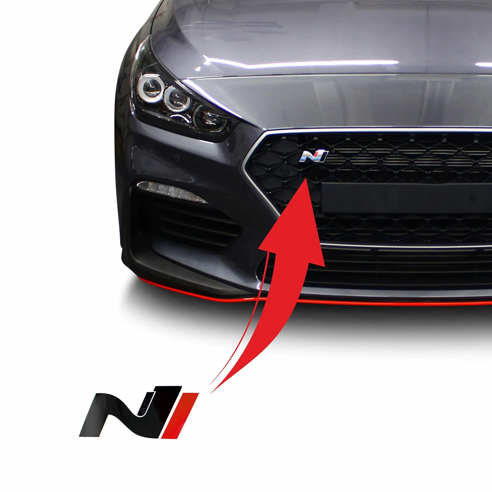 Finest Folia Naklejka kompatybilny z Hyundai i30 N Zestaw 2 folii ochronnych do dekoracyjnego logo z przodu i z tyłu, emblemat, samoprzylepna, do samochodu K054 (węglowy/czarny/czerwony)