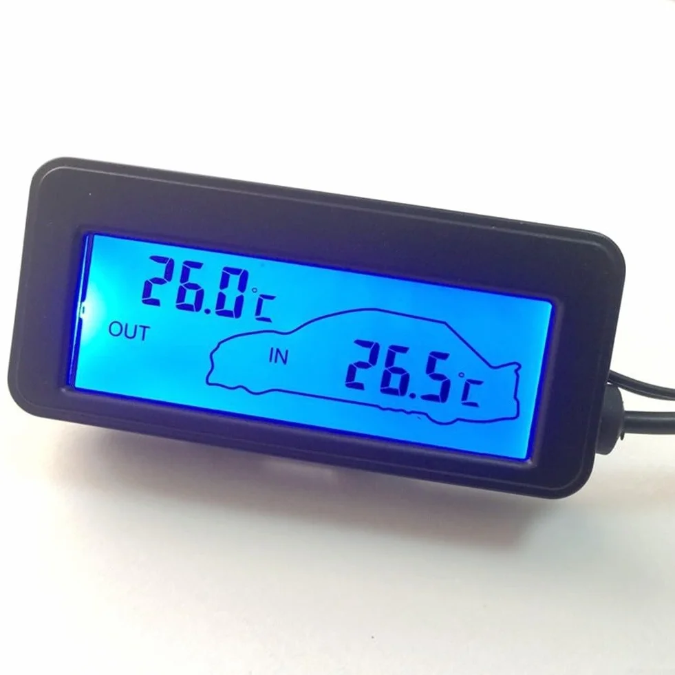QOXEZY Termometr zewnętrzny 12 V do wnętrza samochodu, termometr samochodowy, cyfrowy wyświetlacz LCD (zielony)