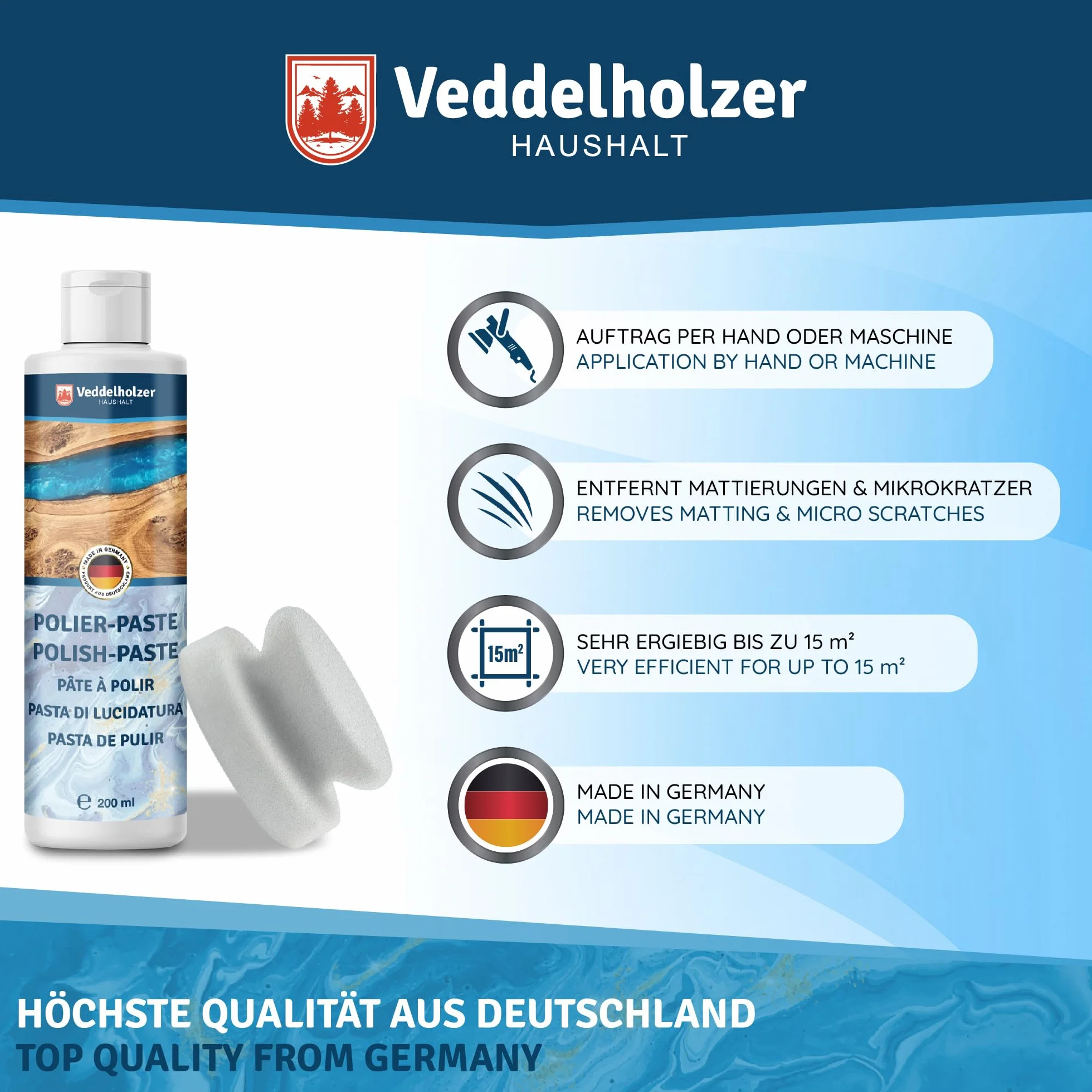 Veddelholzer Profesjonalna pasta polerska 200 ml + gąbka do polerowania do mebli i stołów z żywicy epoksydowej, szkła akrylowego, poliestru, żelokatu oraz tworzyw sztucznych wzmocnionych włóknem