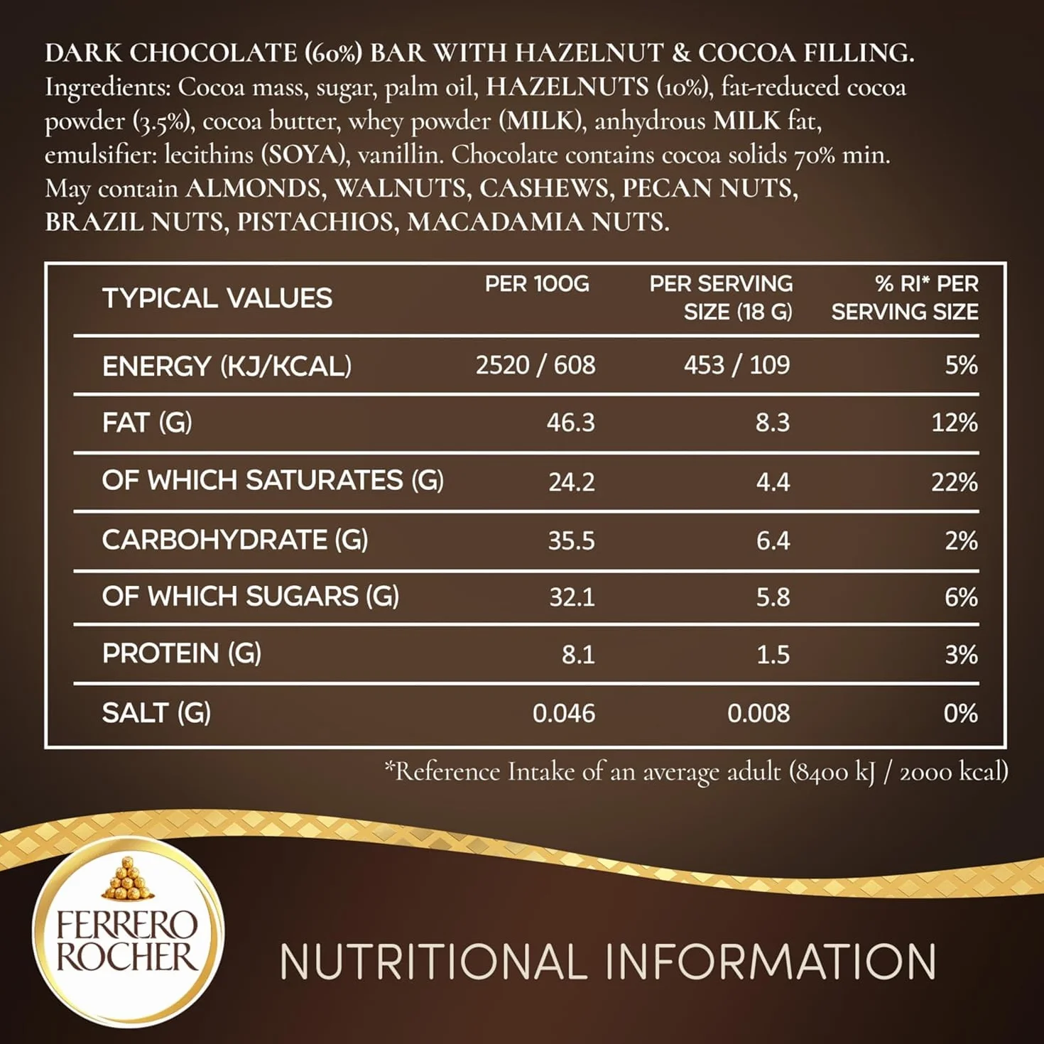 Ferrero Rocher batonik z ciemną czekoladą i orzechami laskowymi, batoniki czekoladowe, 55% ciemnej czekolady z chrupiącymi pełnymi orzechami laskowymi i nadzieniem kakaowym, (90 g)