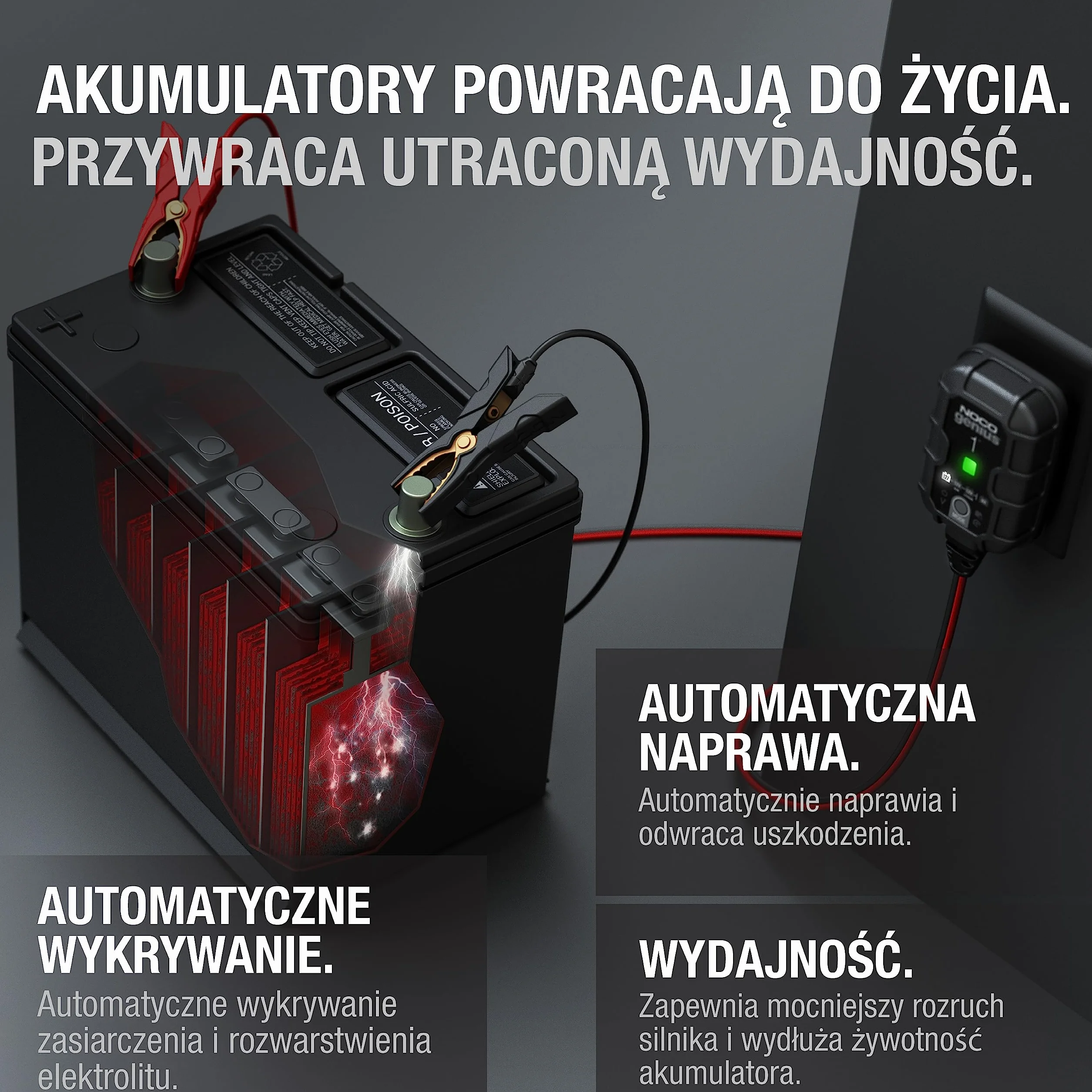 NOCO GENIUS1EU, W Pełni Automatyczna Inteligentna Ładowarka 1A Do Akumulatorów 6V i 12V, Konserwator, Podtrzymująca i Odsiarczająca Z Kompensacją Temperaturową