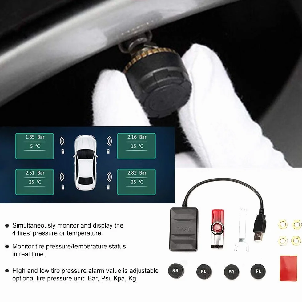 System monitorowania ciśnienia w oponach USB TPMS Alarm monitorowania samochodu z czujnikiem zewnętrznym do nawigacji Android dla wszystkich samochodów