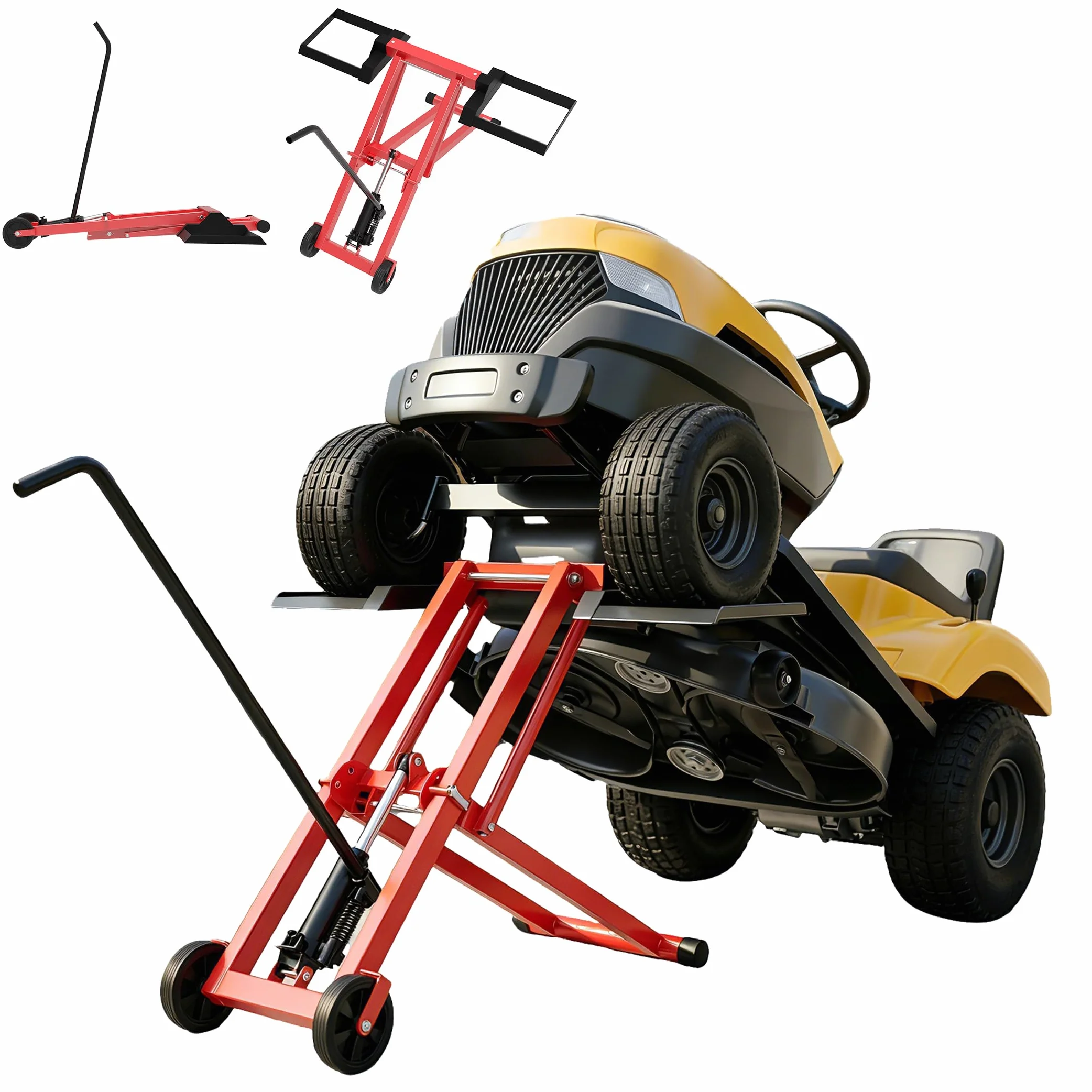 XMTECH Hydrauliczny podnośnik do traktorów trawnikowych 227 kg – podest podnośnikowy do kosiarek i ATV, 3-stopniowa regulacja wysokości do 65,5 cm, składany, akcesoria do traktorów trawnikowych