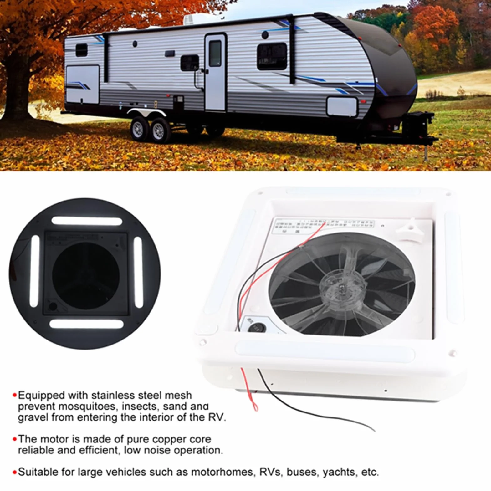 Wentylator dachowy 12 V RV 11 cali, dwukierunkowa wentylacja ze światłem LED Wyposażony w siatkę ze stali nierdzewnej do przyczep, kamperów, przyczep kempingowych, dużych pojazdów