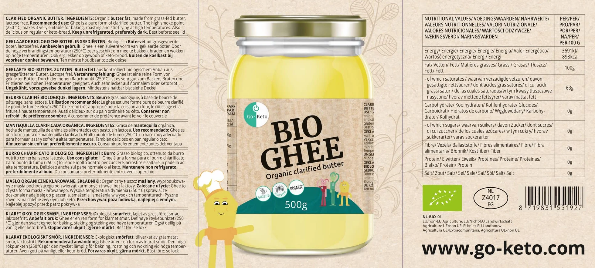 Go-Keto BIO Ghee, 500g | 100% masło klarowane, certyfikat BIO, Ayurveda | idealne dla diety keto | idealne do pieczenia i smażenia | bez laktozy, bez glutenu, low carb