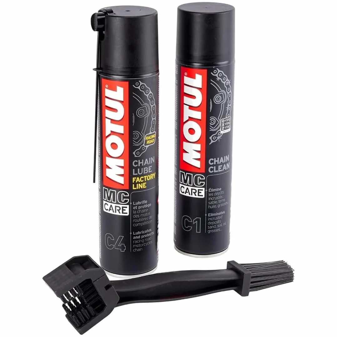 Motul C4 zestaw do czyszczenia łańcucha lubrykantu 400 ml + C1 400 ml + szczotka do czyszczenia łańcucha