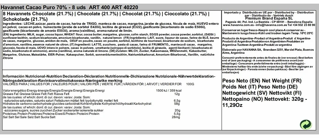Havanna Havannets z 70% czystego kakao Stożki czekoladowe z nadzieniem dulce de leche 8 sztuk 320 g