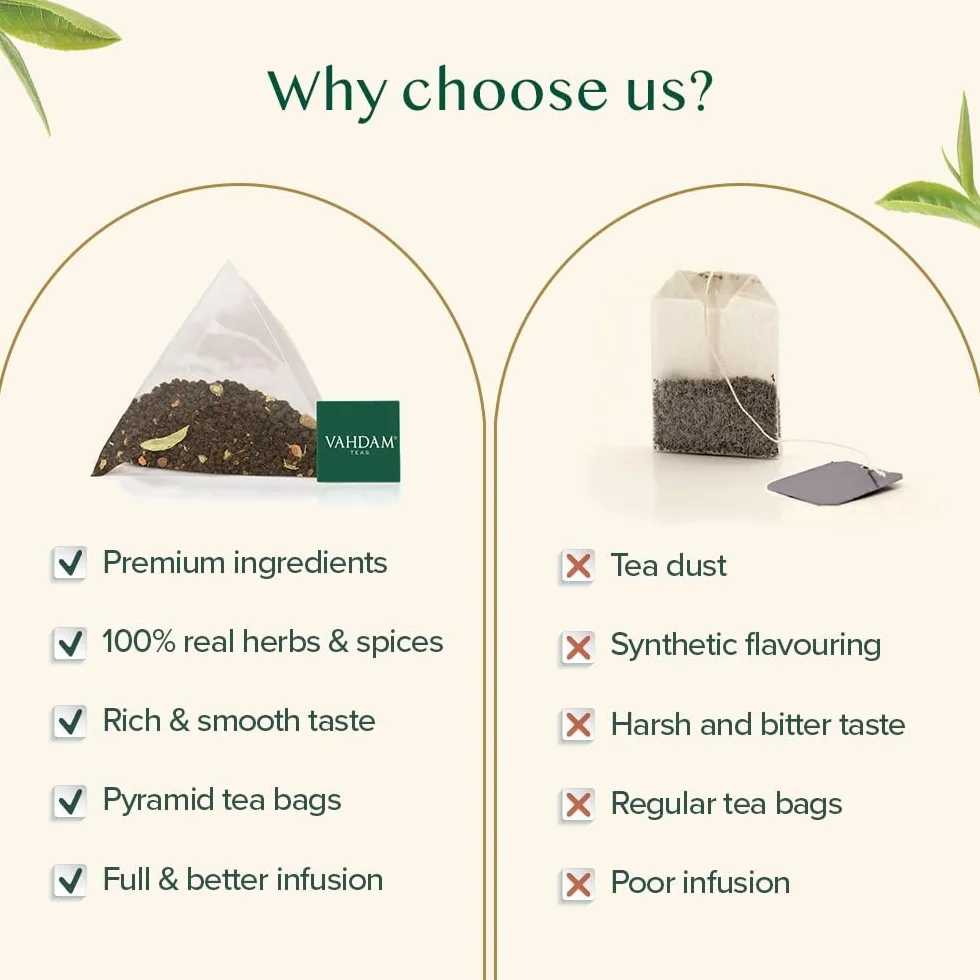 VAHDAM, Indyjska oryginalna torebka herbaty Masala Chai (100 torebek herbaty piramidowej), 100% naturalne przyprawy – czarna herbata, kardamon, cynamon, czarny pieprz i goździki, mieszane i pakowane w