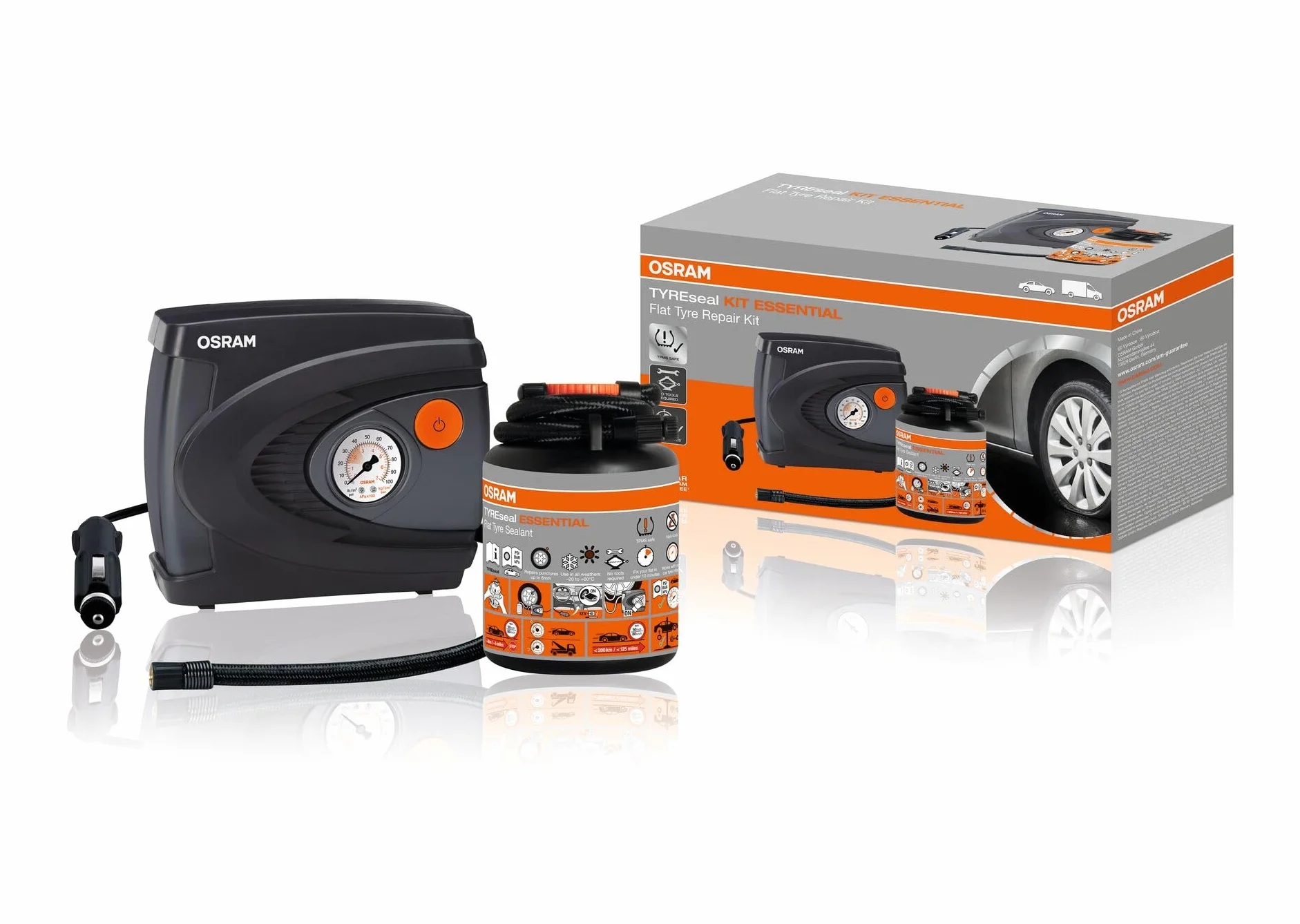 OSRAM TYREseal KIT ESSENTIAL, uszczelniacz do opon 450 ml, kompresor analogowy, TPMS Safe, zestaw