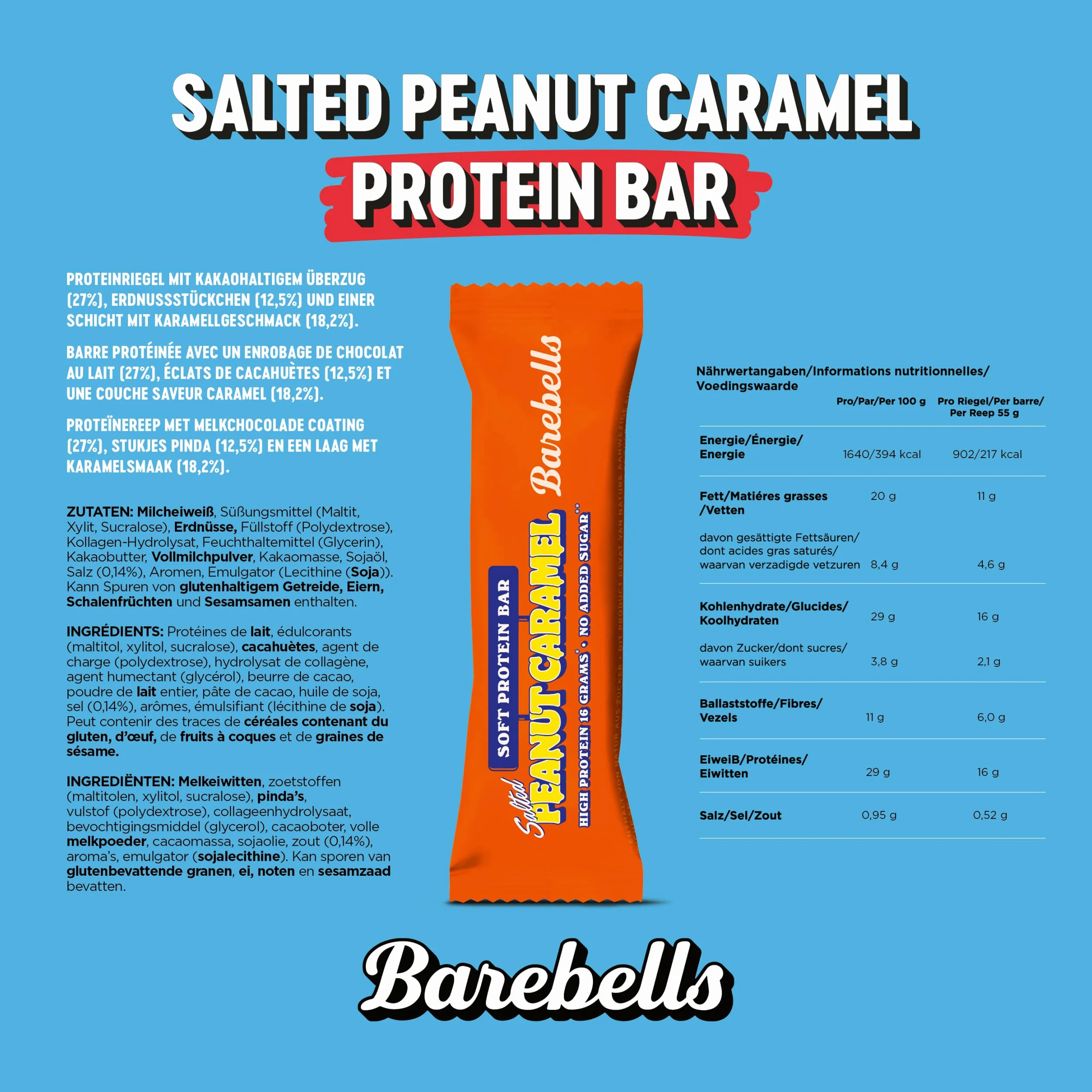 Barebells Soft Protein baton – 16 g High Protein Bar, uboga w cukier, batonik proteinowy, bez oleju palmowego – solony karmel Peanut, 12 x 55 g