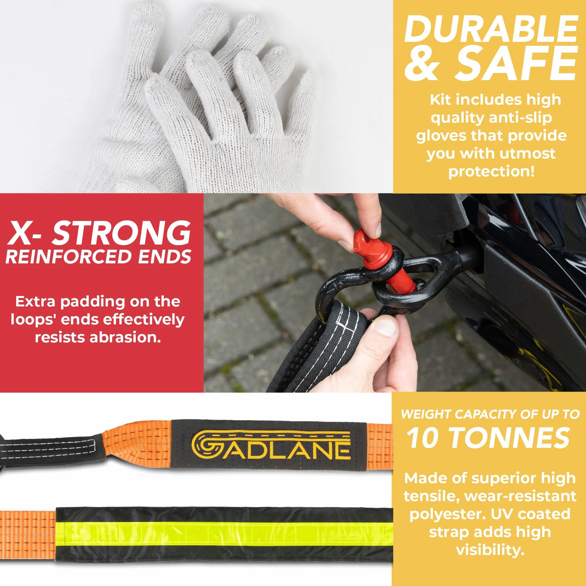 GADLANE Lina holownicza Hi Vis – grubość 5 m x 5 cm, pojemność 10 ton (10 kg) odporny na zużycie poliester ze wzmocnionymi końcami, pasek holowniczy powlekany promieniowaniem UV, wytrzymałe szekle