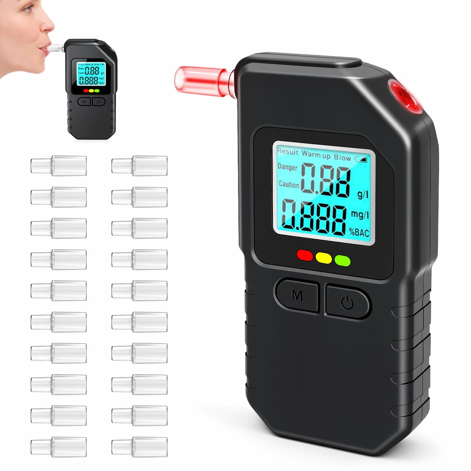 Alkomat z dwoma czujnikami, precyzyjne urządzenie do pomiaru promili z cyfrowym wyświetlaczem LCD, 20 ustnikami, przenośny