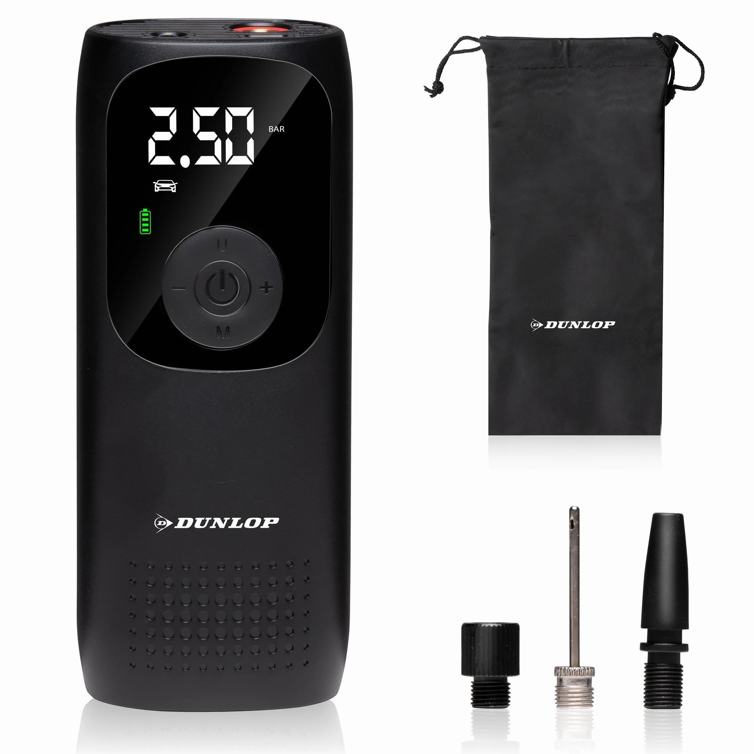 Dunlop Przenośna sprężarka powietrza 150 PSI - Bezprzewodowa pompka do opon z portem USB-C - Pompa rowerowa do wszystkich wentyli - Pompka do piłek - Sprężarka 10 bar z manometrem - Czarny