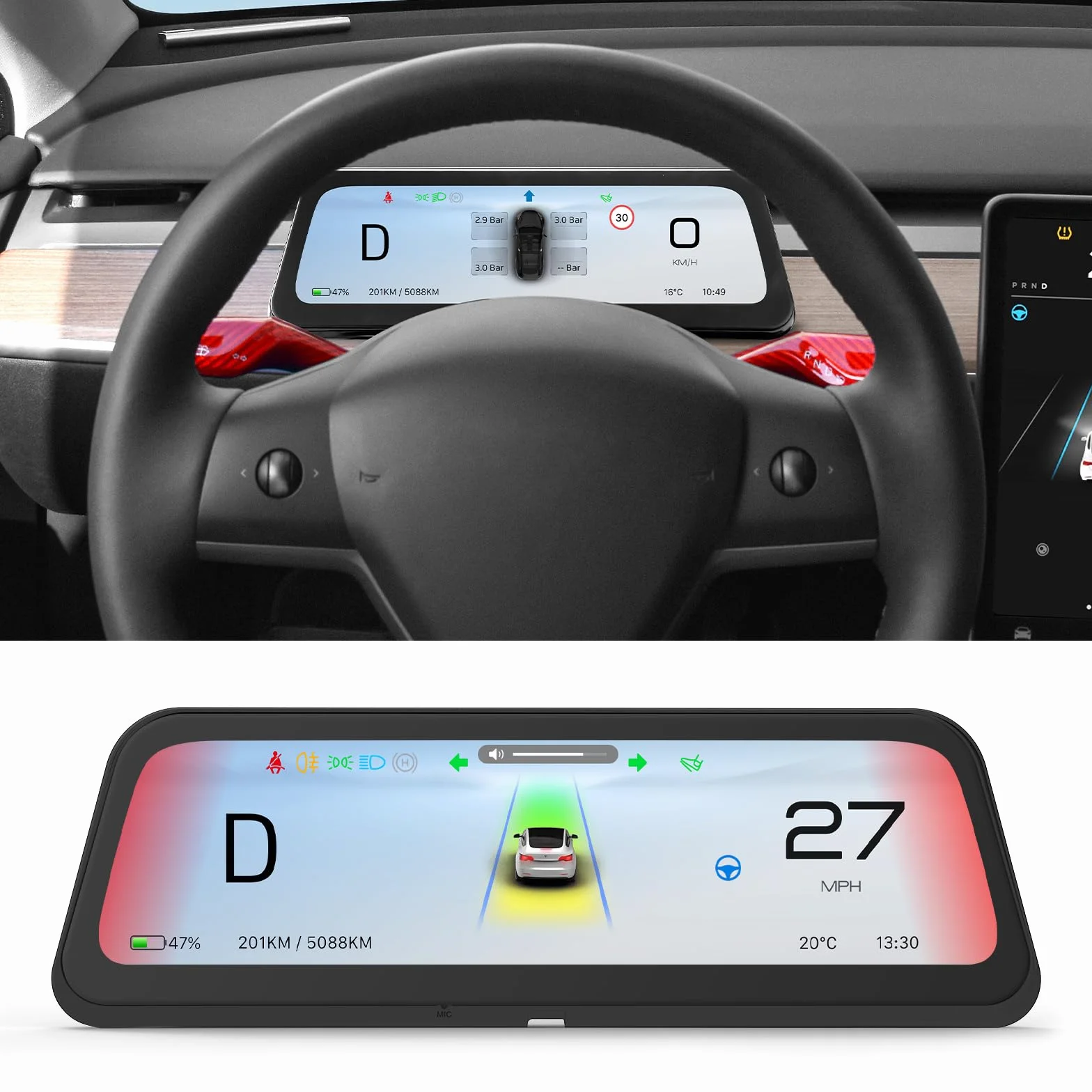 Wyświetlacz HUD do Tesli Model Y 2019-2025 & Model 3 2017-2023 z wykrywaniem punktów w ciemno i tęczową drogą bezprzewodową/przewodową grą Android Auto Bluetooth Synchroniczne dane Mileage