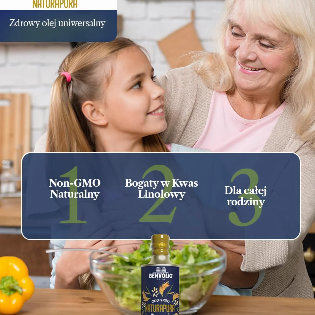 Benvolio 1938 Naturapura Naturalny Olej z Otrębów Ryżowych BEZ GMO 500 ml | Wysoki Punkt Dymienia, Chrupiące Smażenie, Lekkie Podsmażanie, Dania Orientalne | Regeneruje, Odżywia i Stymuluje Włosy