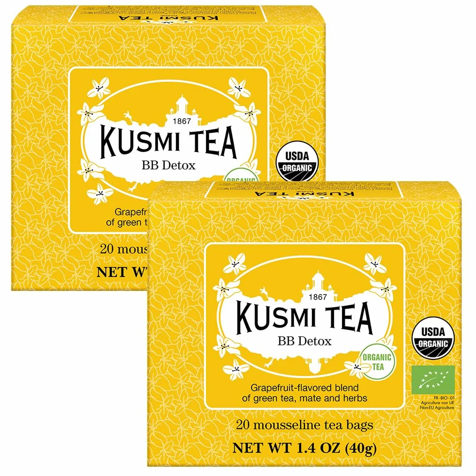 Kusmi Tea - BB Detox - 2 puszki - Organiczna mieszanka zielonej herbaty, mate i grejpfruta - Aromatyzowana herbata Yerba Mate - Zakwaszone delikatne zapachy - 2x20 torebek herbaty