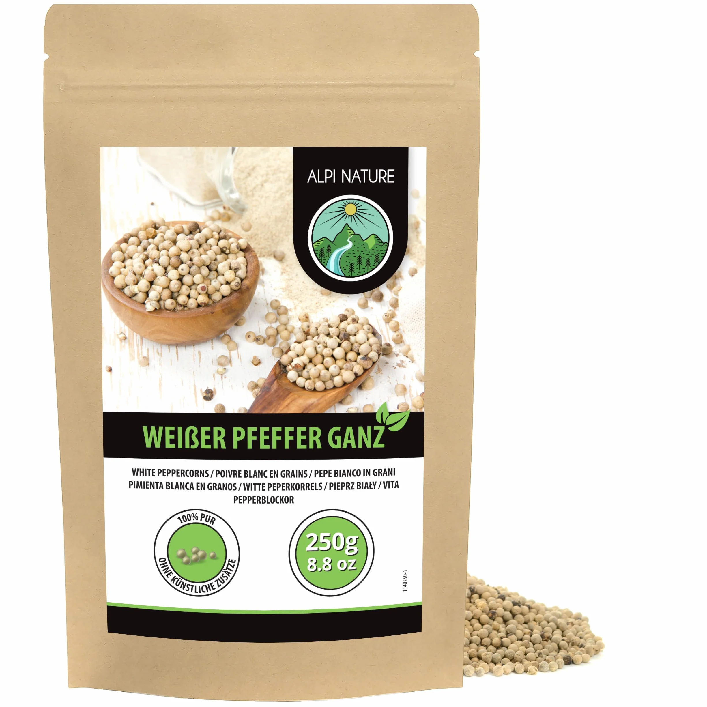 Pieprz biały (250 g), pieprz biały 100% naturalny, naturalny bez dodatków, wegański, biały pieprz