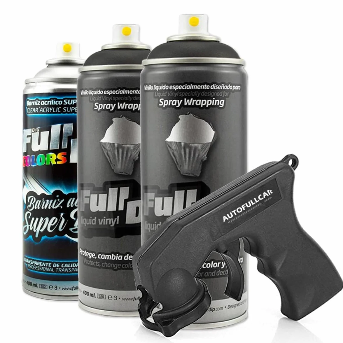 AutoFullCar Opakowanie zawiera 3 spraye Full Dip, czarne, błyszczące, 2 spraye czarne + 1 lakier, błyszczący, wytrzymały, 400 ml