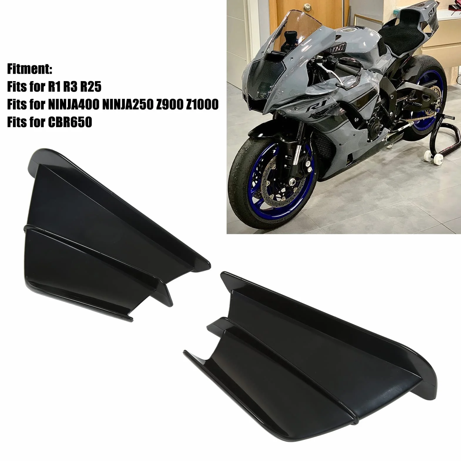 Skrzydło Aerodynamiczne KIMISS, Spojler Boczny Motocykla Owiewka Przednia Skrzydła Aerodynamiczne Skrzydła dla NINJA400 NINJA250 Z900 Z1000(Czarny błyszczący)