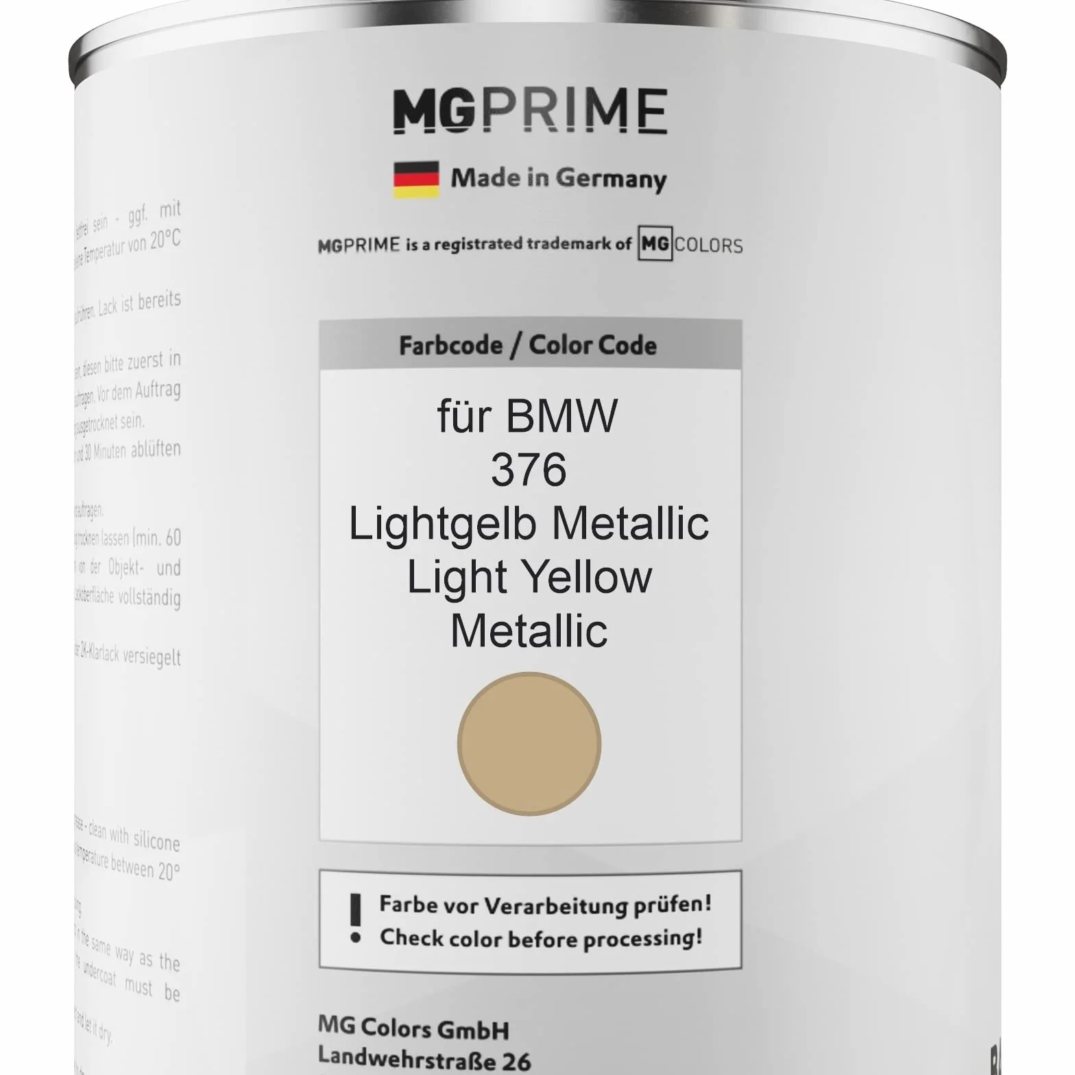 MG PRIME Lakier samochodowy Puszka gotowa do natrysku dla BMW 376 Lightgelb Metallic/Light Yellow Metallic Lakier bazowy 1.0 litr 1000ml