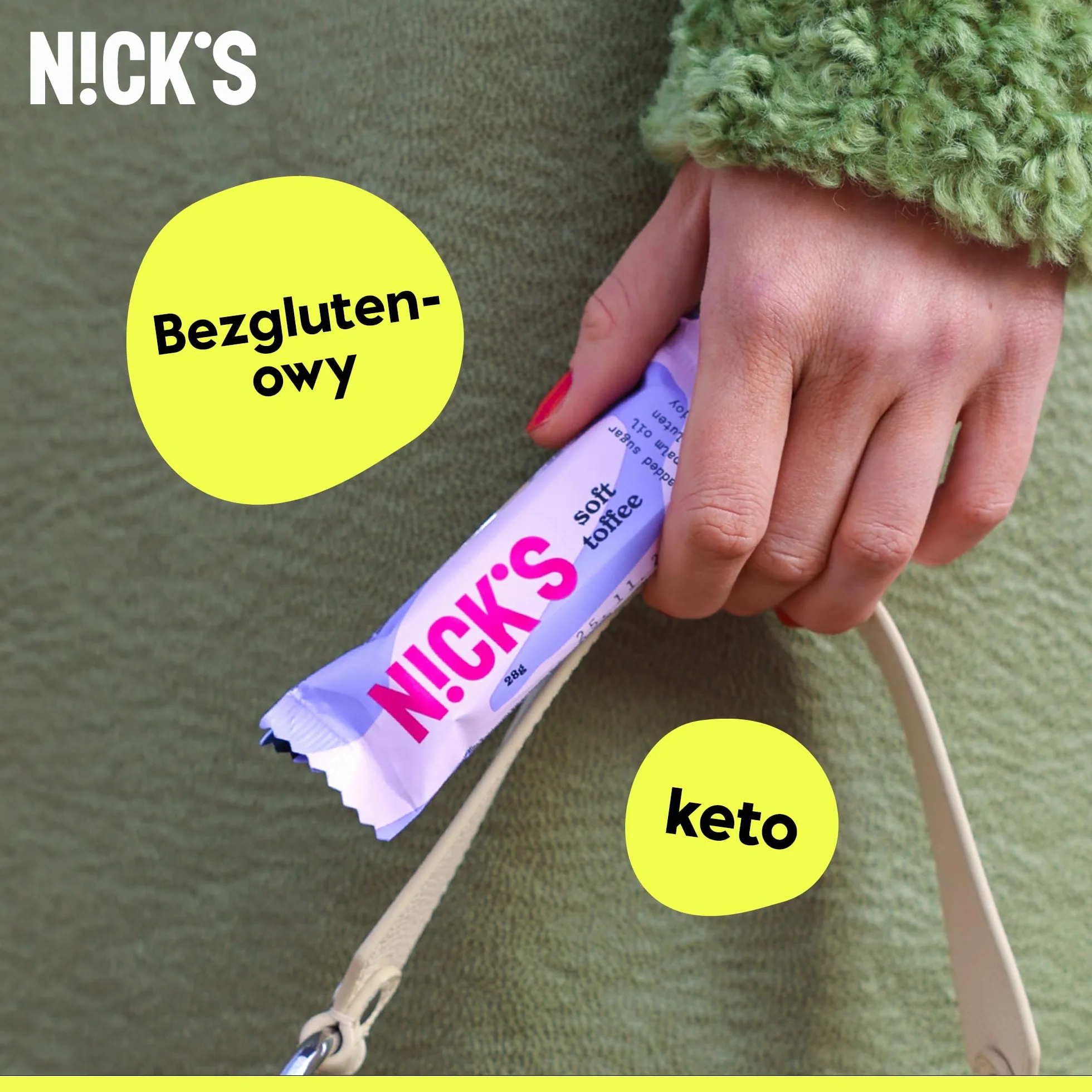 NICKS Soft toffee batonik czekoladowy keto bez cukru low carb 110 kalorii 3.5g węglowodanów netto 15x28g
