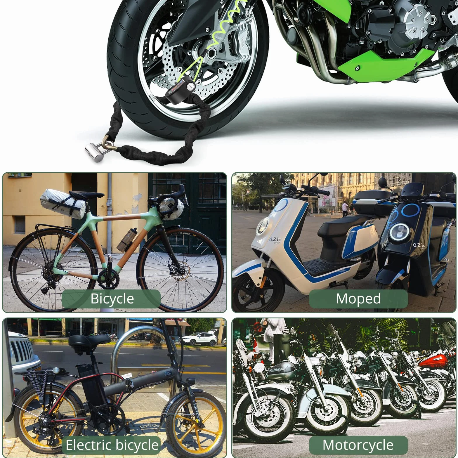 EYPINS Blokada motocyklowa, antykradzieżowa, zestaw blokady radiowej i 7 mm x 1 m zamek łańcuchowy, alarm dźwiękowy 110dB, wodoodporny, do motocykla, roweru, skutera
