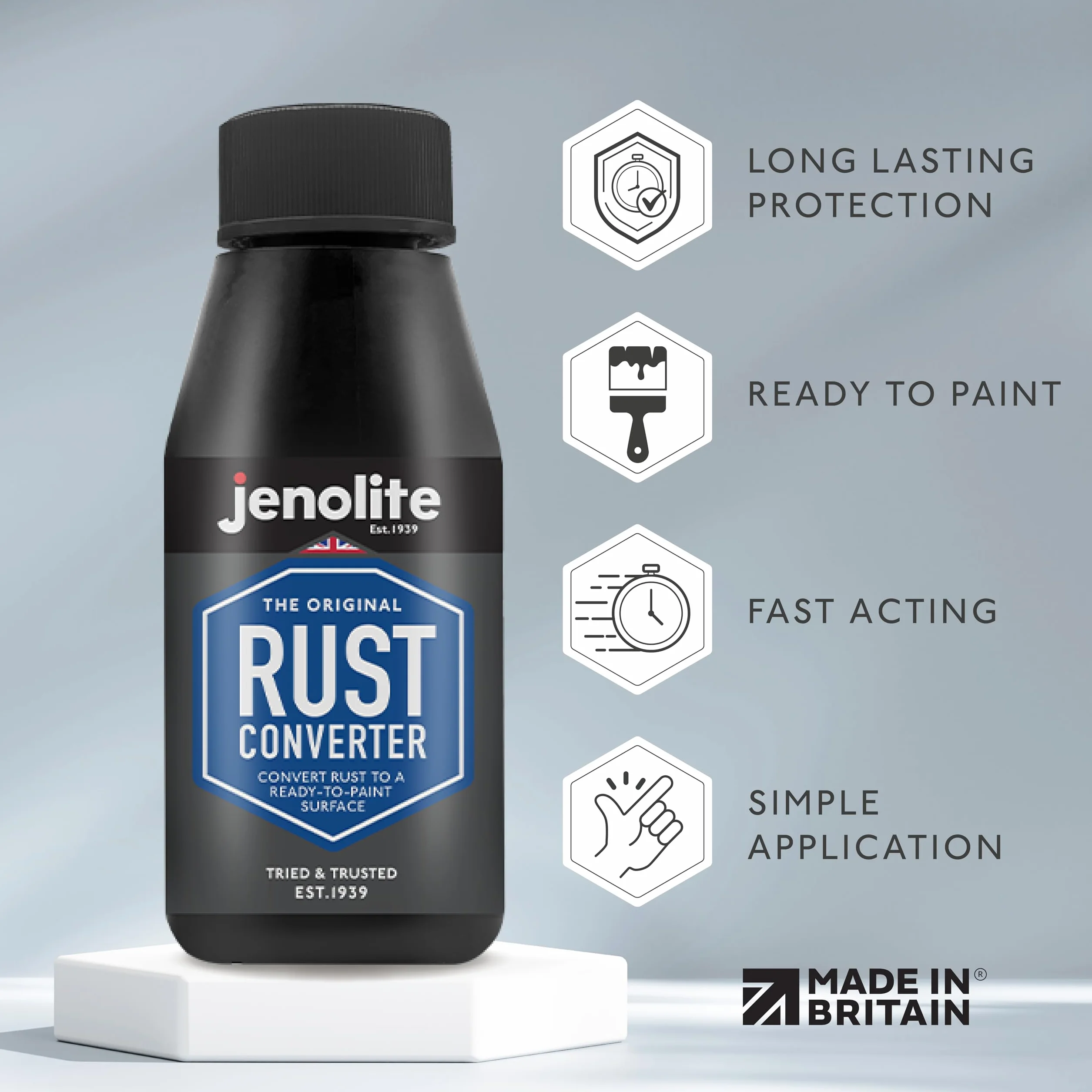 JENOLITE Płyn do konwertera rdzy, 150 ml, inhibitor korozji i obróbka metalu, środek do usuwania powierzchni do samochodów, przekształca rdzę w stabilną, zagruntowaną i gotową do malowania