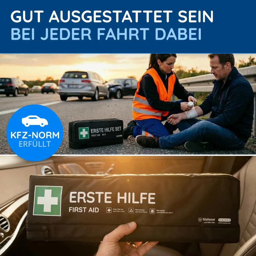 FLEXEO Apteczka samochodowa z trójkątem ostrzegawczym i kamizelką ostrzegawczą DIN 13164 – apteczka pierwszej pomocy – zestaw pierwszej pomocy do samochodów osobowych – motocykli – czarna – apteczka pierwszej pomocy