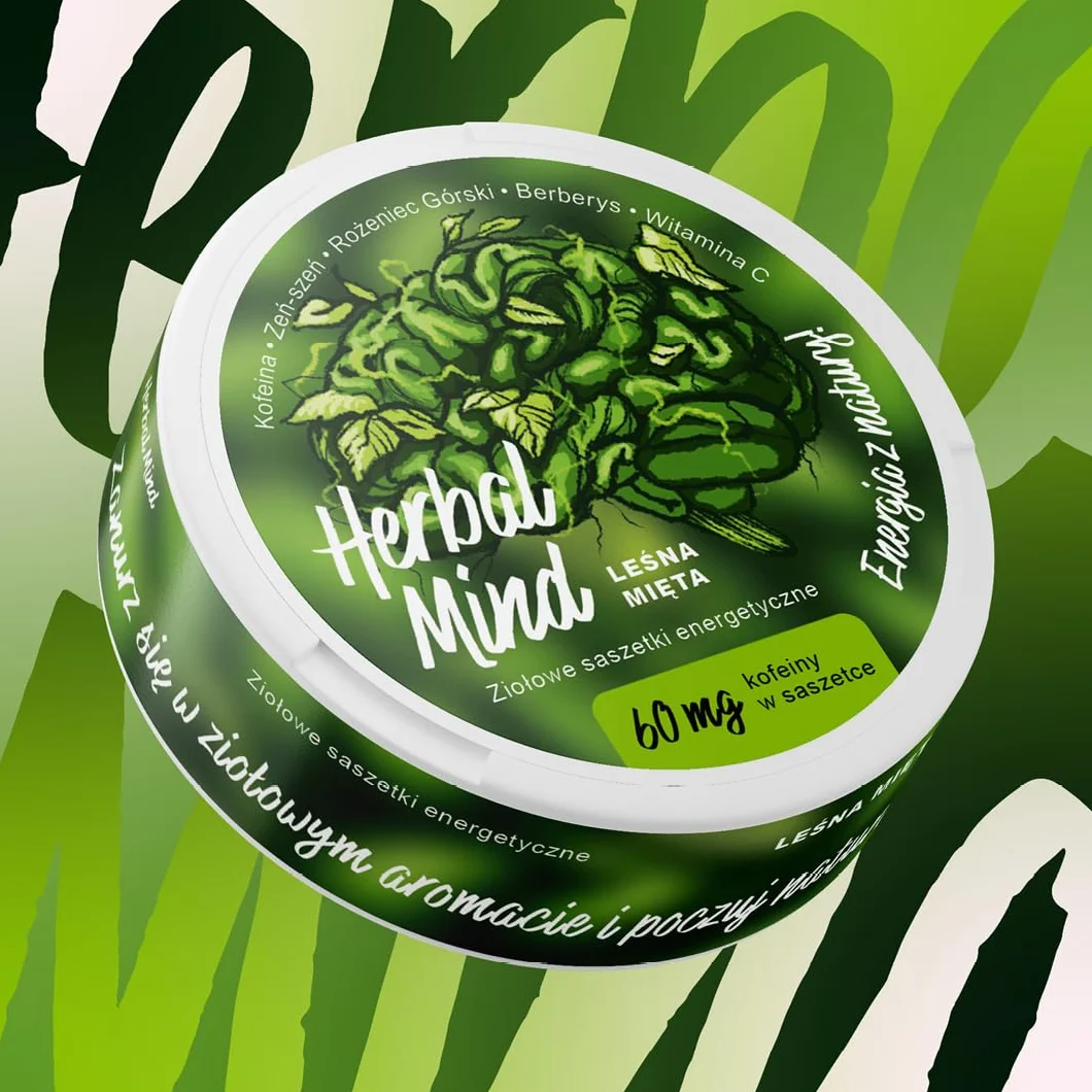 HerbalMind Ziołowe Saszetki Energetyczne 60 mg Kofeiny Leśna Mięta 20 szt. Snusy Kofeinowe z Adaptogenami Bez Nikotyny