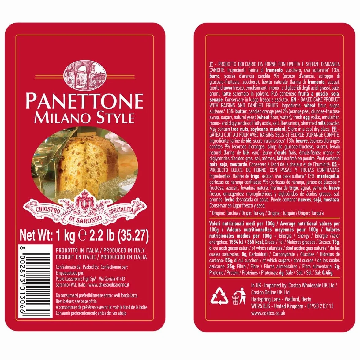 Lazzaroni Chiostro Di Saronno Panettone 1 kg