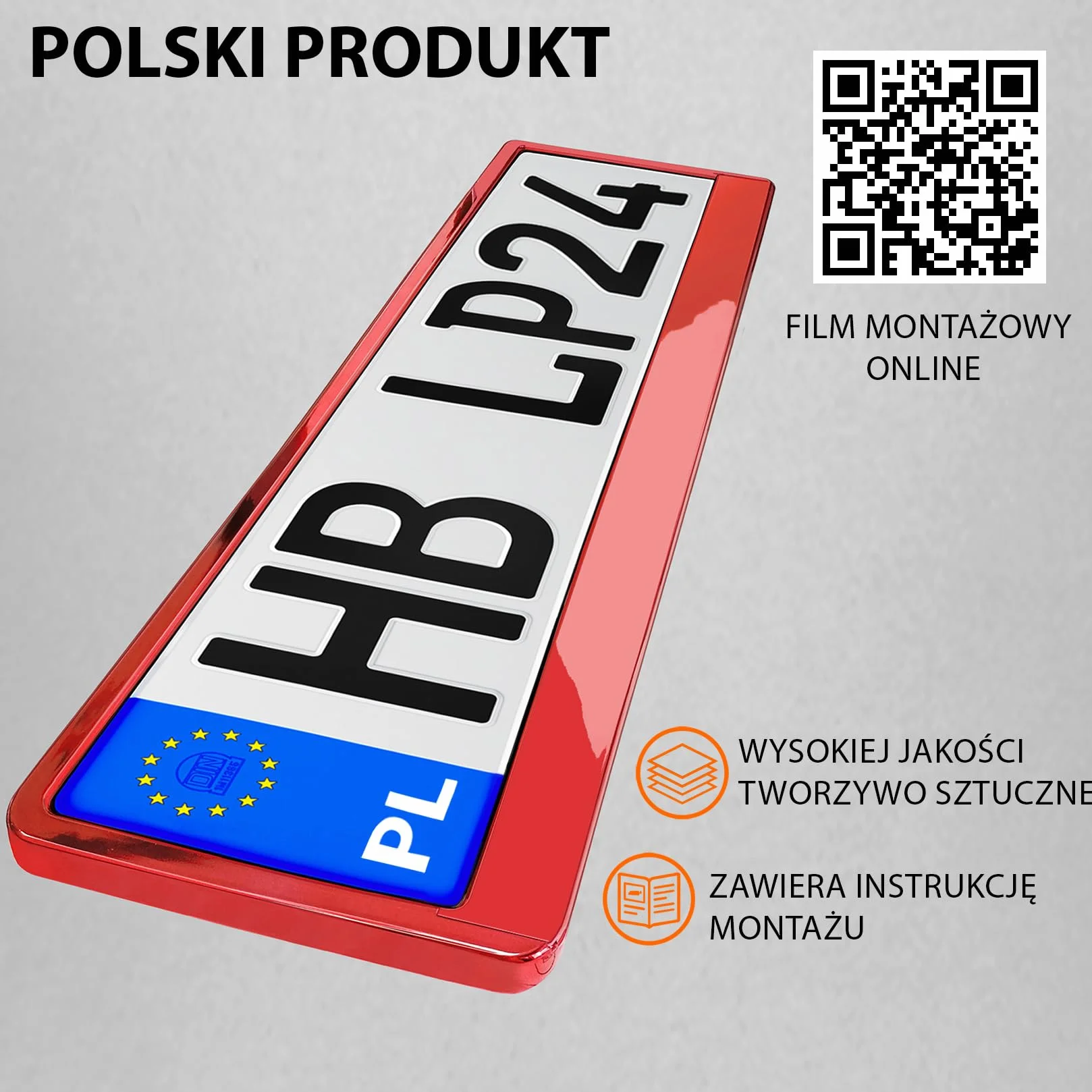 Uchwyt tablicy rejestracyjnej 520x110 mm czerwony chrom 8 śrub Ramka do tablic rejestracyjnych