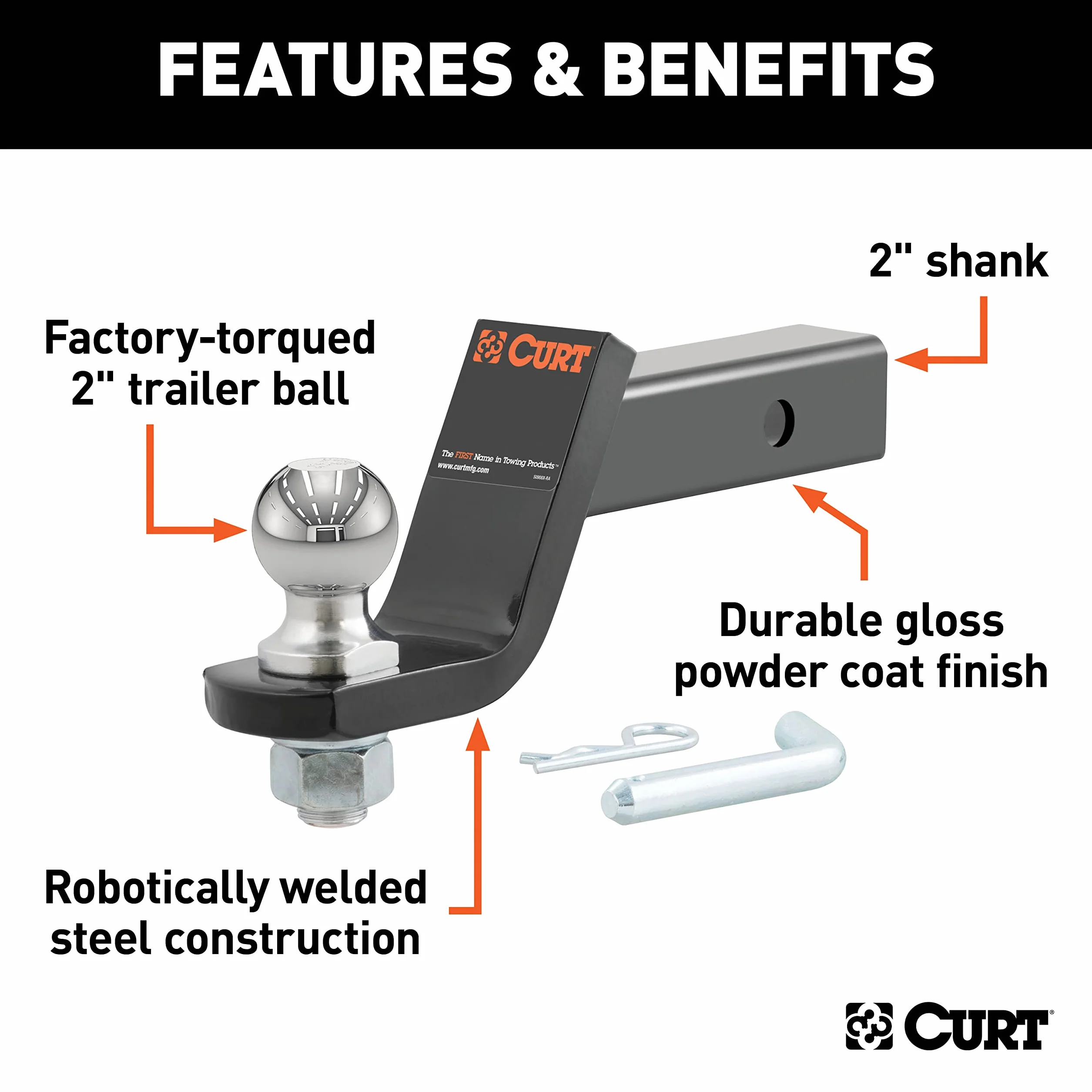 CURT 45056 Trailer Hitch Mount with 2-Inch Ball & Pin, Fits 2-In Receiver, 7,500 lbs, 4-Inch Drop, Gloss Black Powder Coat