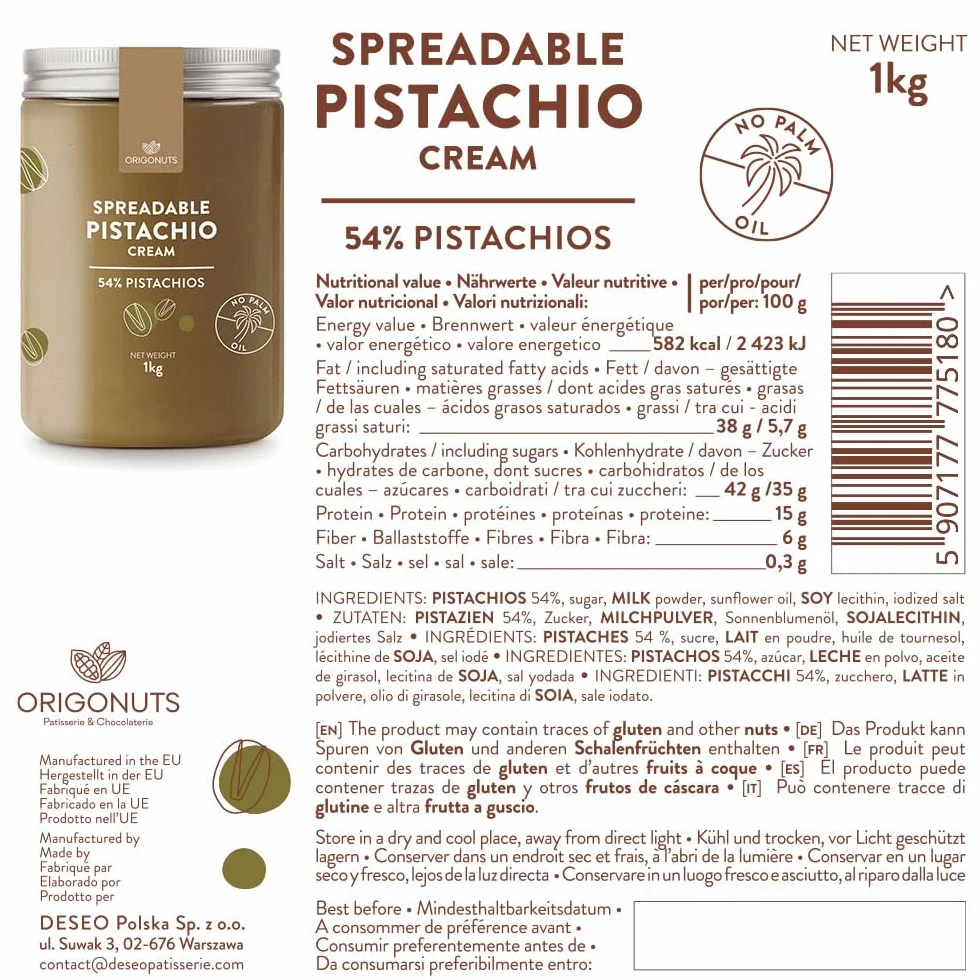 Krem Pistacjowy Pasta Pistacjowa 54% pistacji bez oleju palmowego 1 kg