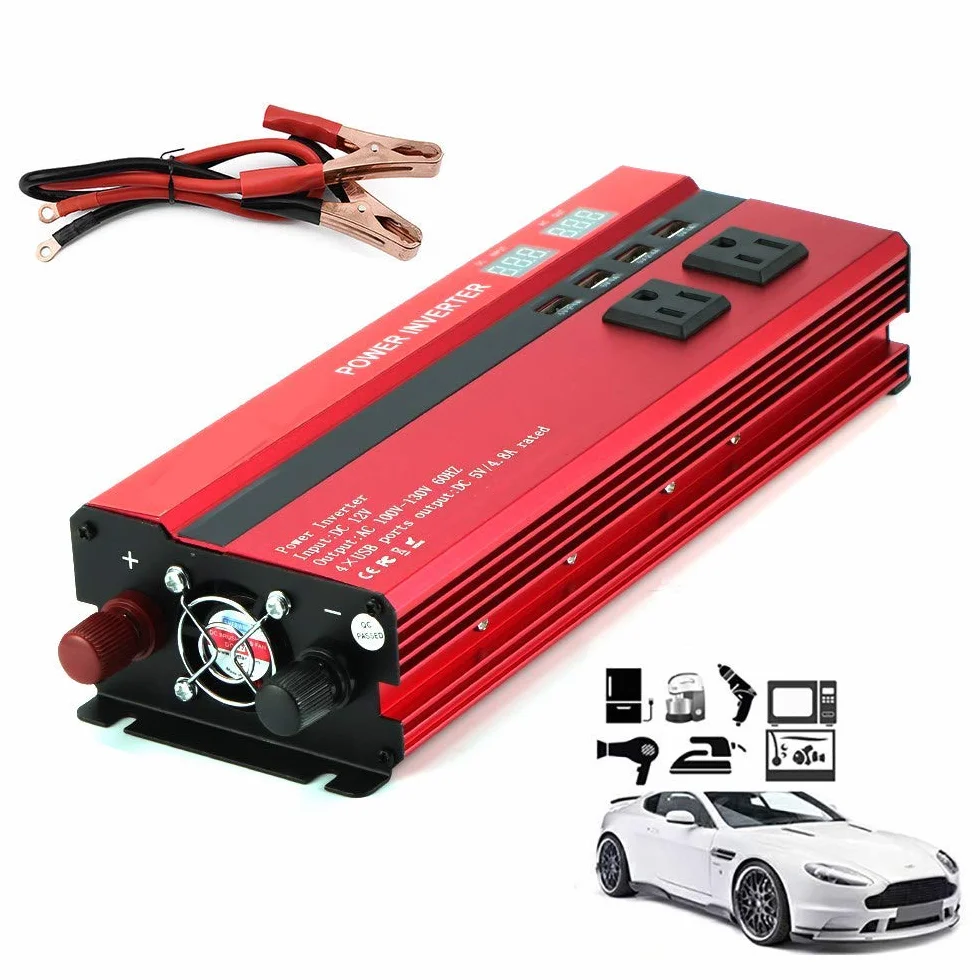 Przetwornica napięcia samochodowego 2000 W, konwerter napięcia DC na AC z wyświetlaczem LCD, 4 interfejsy USB, 3 gniazda AC, podróże i kempingi, 24 V na 220 V