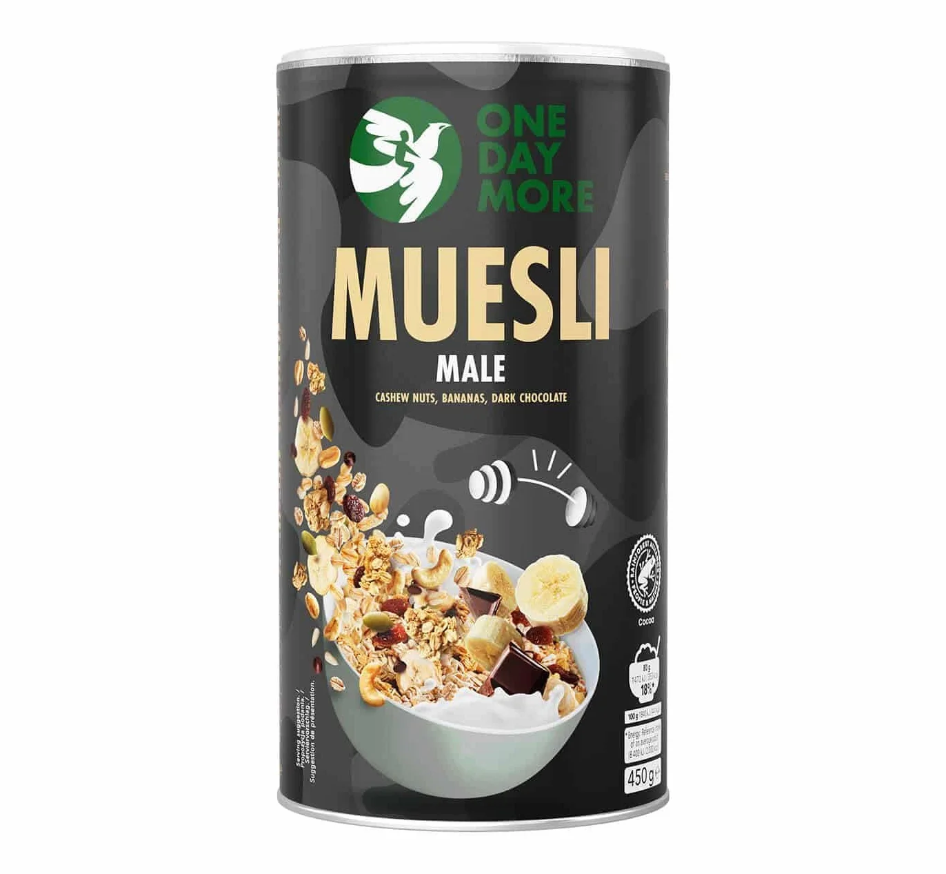OneDayMore Musli Męskie | 450 g | Ziarna słonecznika, pestki dyni, orzechy nerkowca, liofilizowany banan z gorzką czekoladą | Źródło białka, cynku i energii