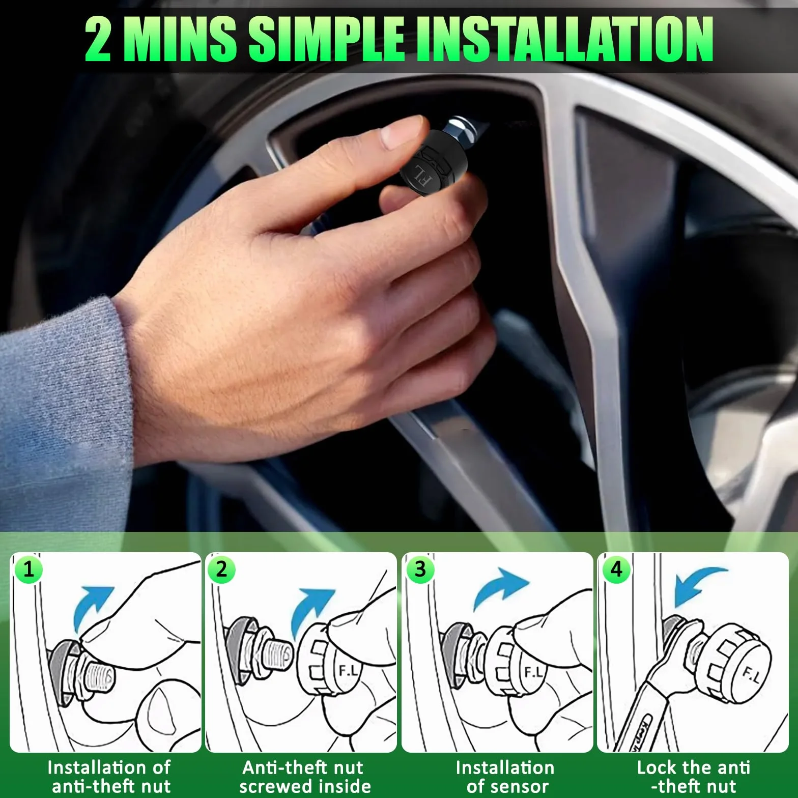TPMS system kontroli ciśnienia w oponach, ze zdejmowanym uchwytem, ładowanie solarne/USB, 5 systemów alarmowych, 4 zewnętrzne czujniki ciśnienia w oponach, do samochodów ciężarowych, przyczep