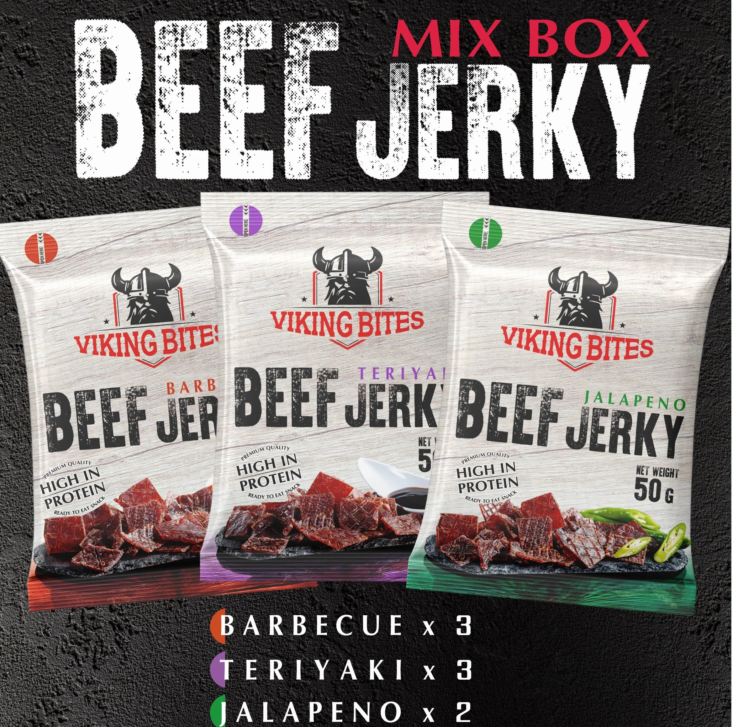 Viking Bites Beef Jerky Mixed box - 400 g (8 x 50 g) – mieszanka suszonej wołowiny, pudełko - 3x Barbecue, 3x Teriyaki, 2x Jalapeno – Przekąska mięsna o wysokiej zawartości białka