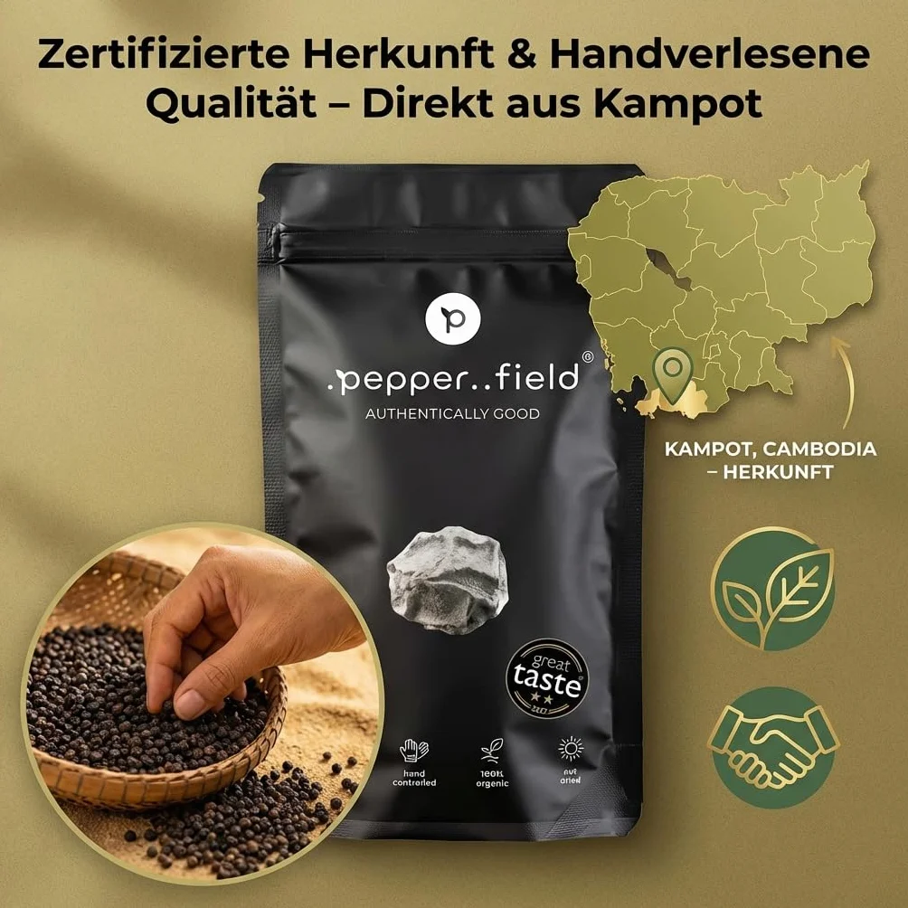 Pepper Field Kampot Pieprz Czarny – Premium Pieprz Czarny W Całości z Kambodży, Świeży & Aromatyczny, Całe Ziarna Pieprzu do Młynka & Kuchni, Great Taste, Idealny do Gotowania & Grillowania, 250g