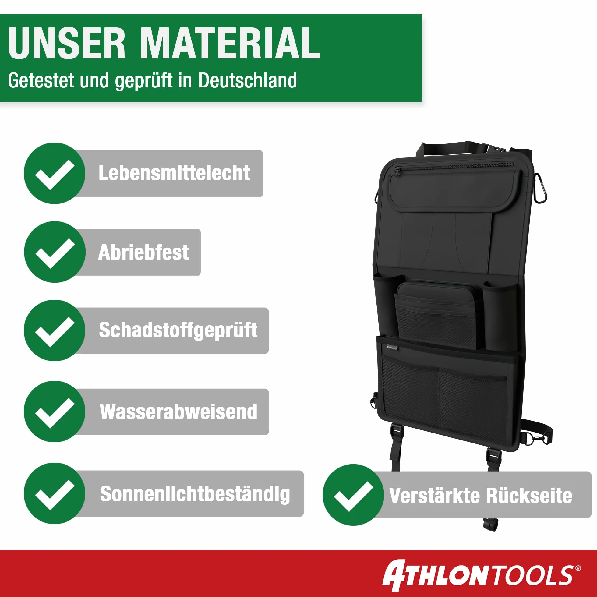ATHLON TOOLS Organizer na fotel samochodowy ze zintegrowanym uchwytem na tablet, wzmocniony tył, z dodatkowym piórnikiem, biznesowy / dla dziec, zaprojektowany w Hamburgu (kolor czarny/zestaw 2 szt.)
