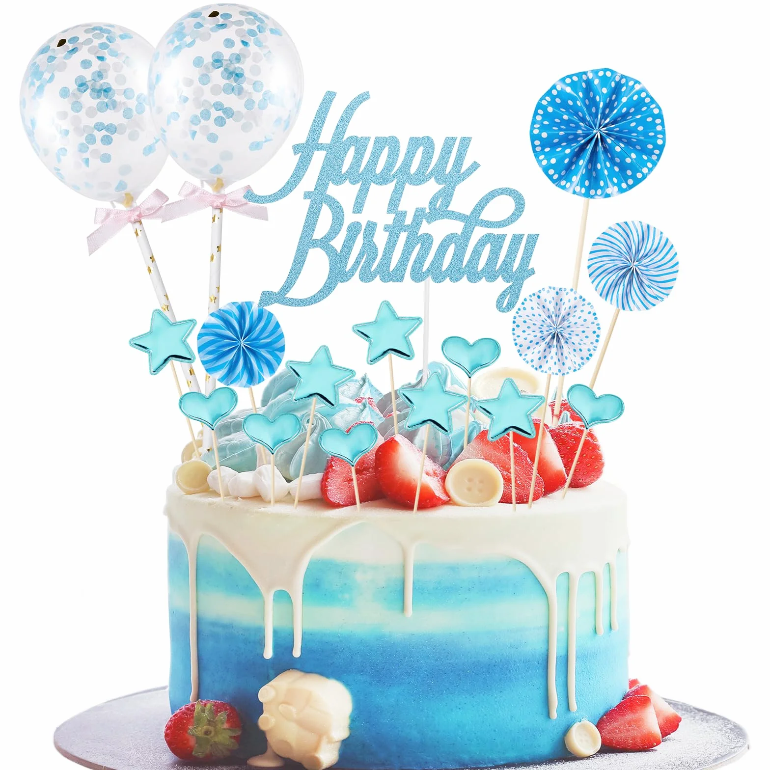 17 sztuk dekoracji tortu urodzinowego, dekoracja tortu Happy Birthday, dekoracja tortu w kolorze niebieskim, brokatowa nakładka na tort Happy Birthday, topper na babeczki z gwiazdami, balony z