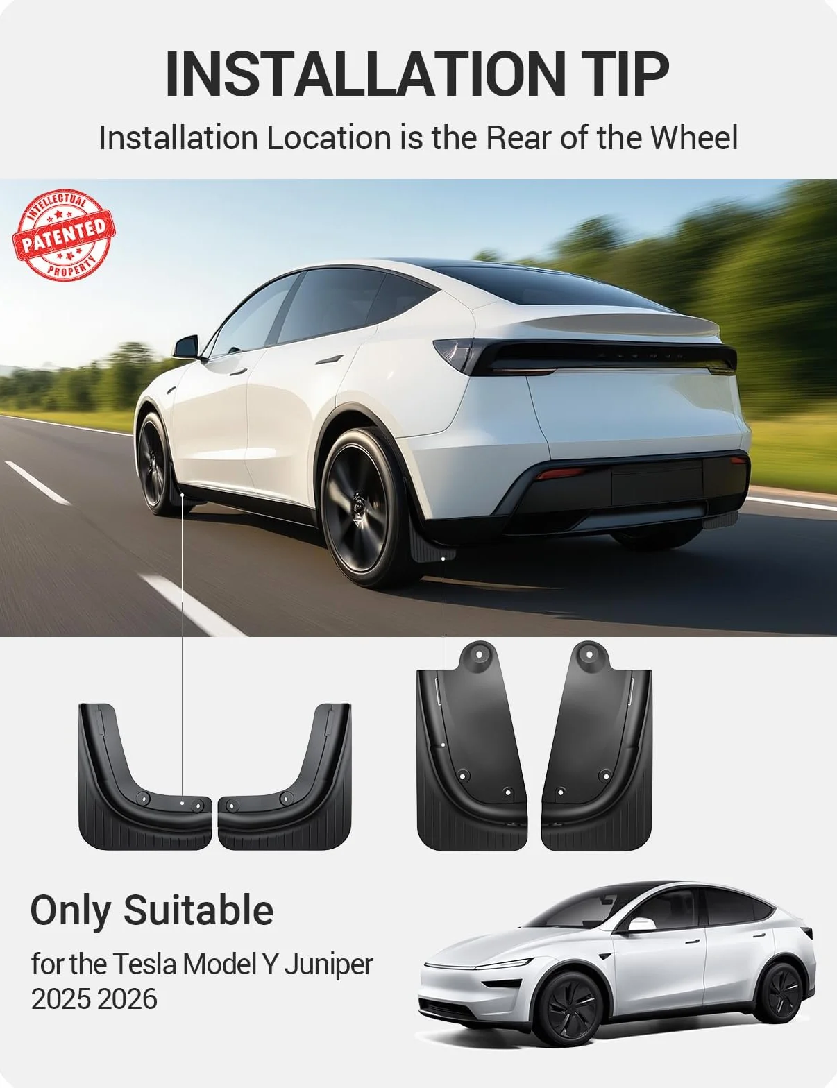 BASENOR 2026 osłony błotne Tesla Model Y [bez wiercenia, bez taśmy] [ochrona przed malowaniem] Ochraniacze na opony na wszystkie warunki pogodowe TPE osłony błotne na Model Y Juniper 2025 2026