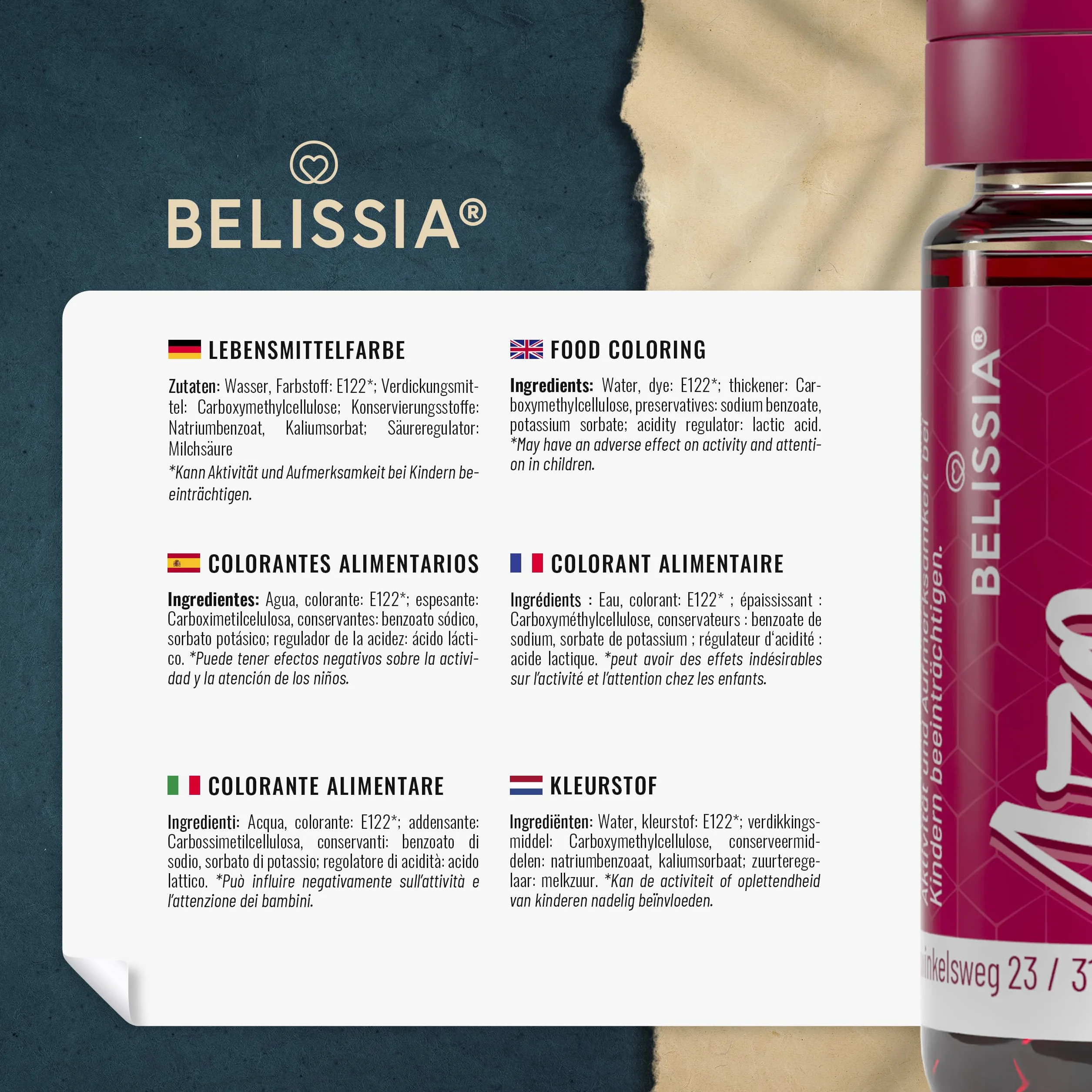Belissia Barwnik Spożywczy Azorubina 10ml, niezwykle skoncentrowany, płynny do barwienia napojów, ciasta, polew i wszystkich innych produktów spożywczych.