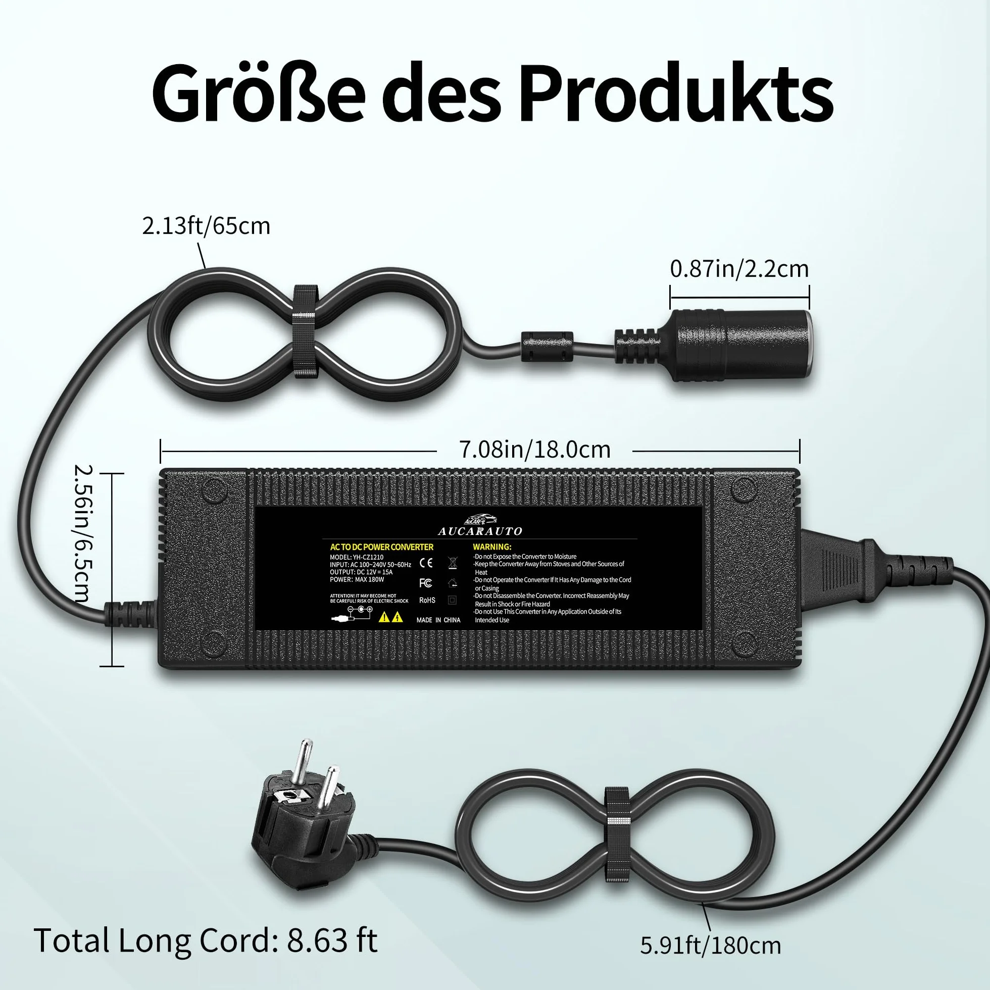 Adapter sieciowy do samochodu 180 W/15 A, przetwornica napięcia 230 V na 12 V, 220 V, adapter z gniazdem zapalniczki do lodówki, odkurzacza samochodowego, lodówki samochodowej, kompresora –