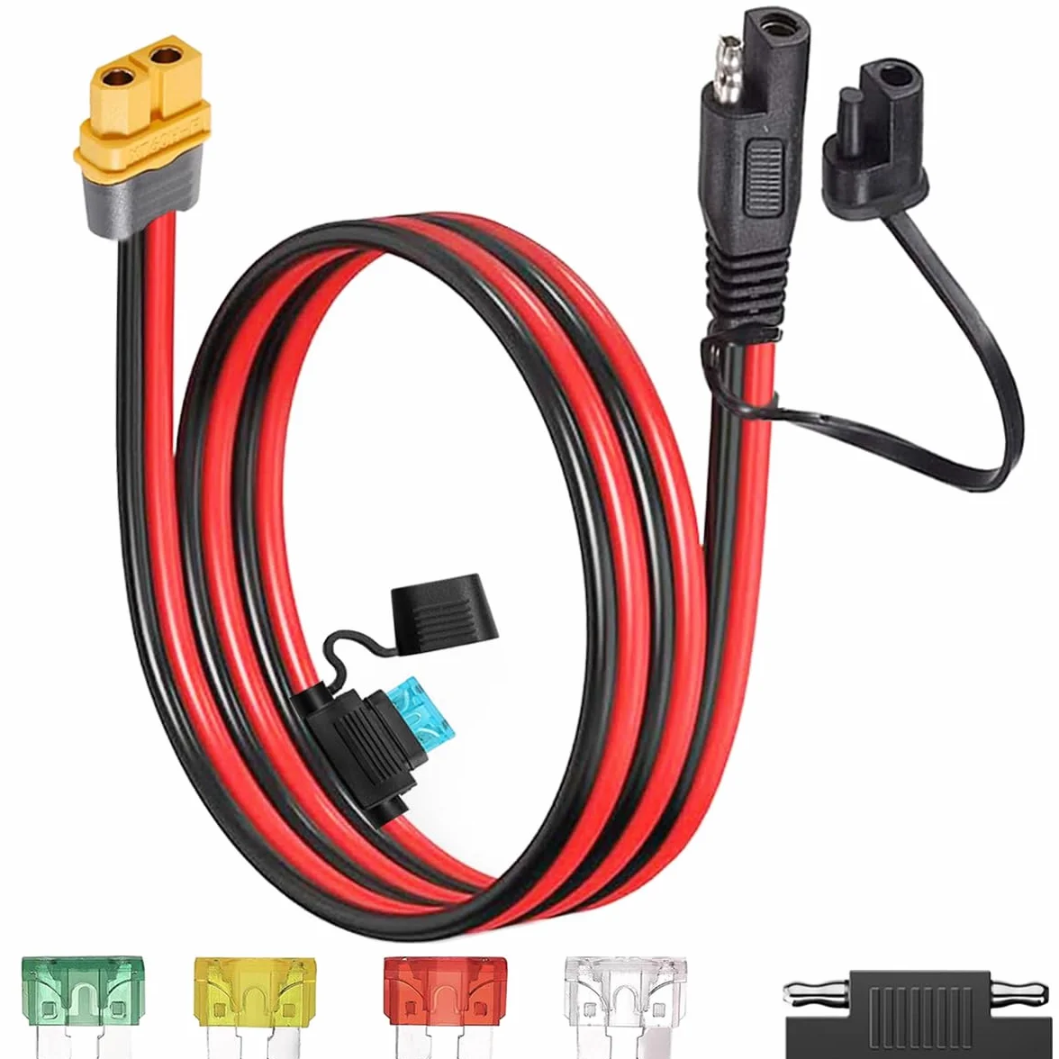 Kabel przedłużający XT60 do SAE 10AWG SAE do żeńskiego kabla panelu słonecznego XT60, z bezpiecznikiem do przenośnej elektrowni solarnej (2 stopy)