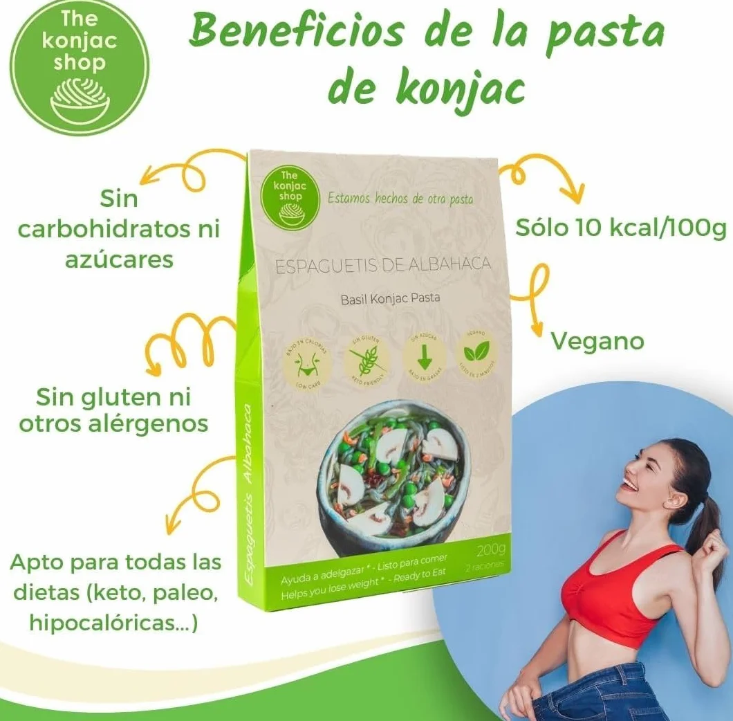 The Konjac Shop - Konjac Spaghetti z Bazylią 270g Bezglutenowy, Niskokaloryczny, Niskowęglowodanowy Makaron Diety Keto (Opakowanie 5 sztuk)