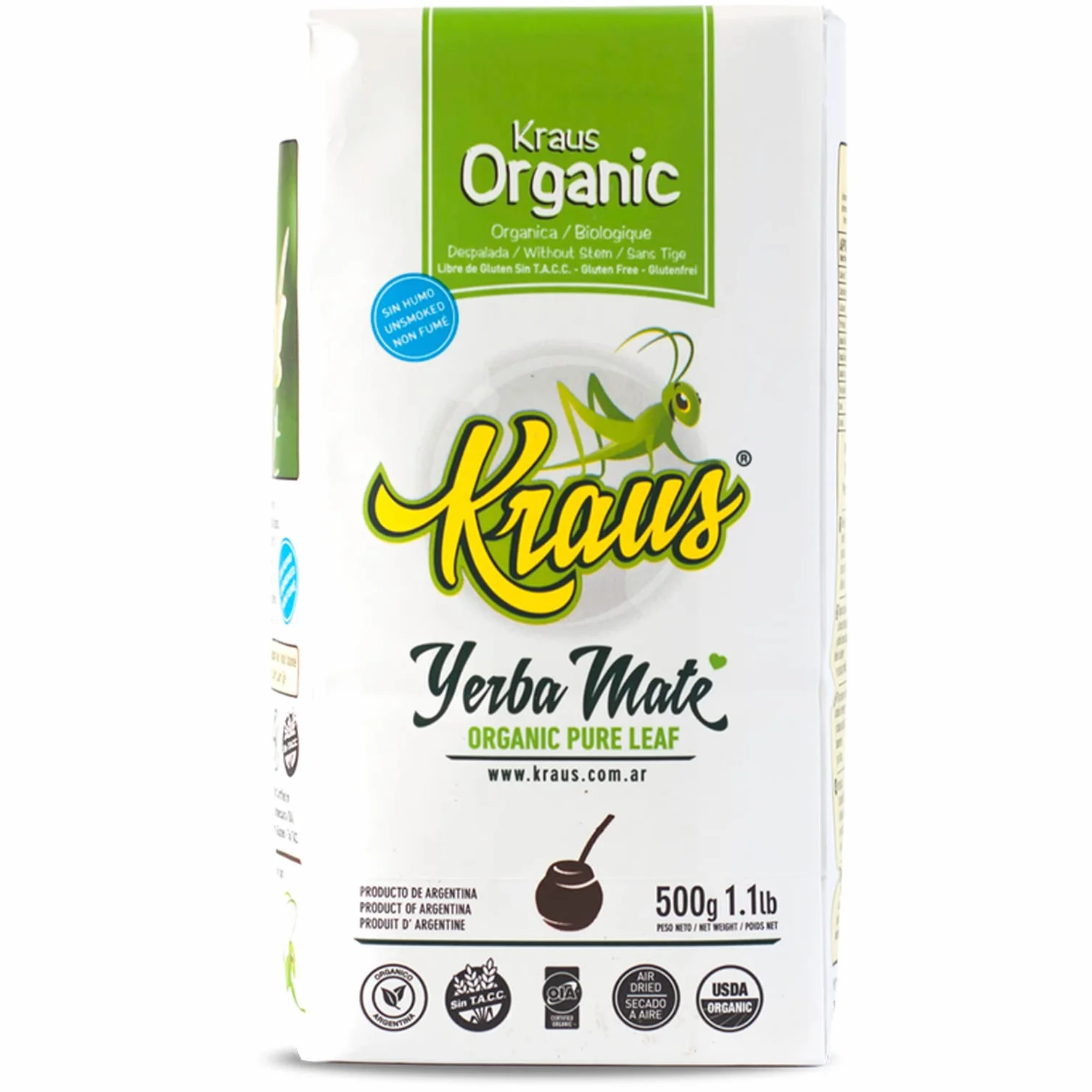 Kraus Yerba Mate Herbata Pure Leaf 500g + Próbka (40g):Bogaty w antyoksydanty i witaminy, przyspiesza przemianę materii, bez cukru | Argentyna