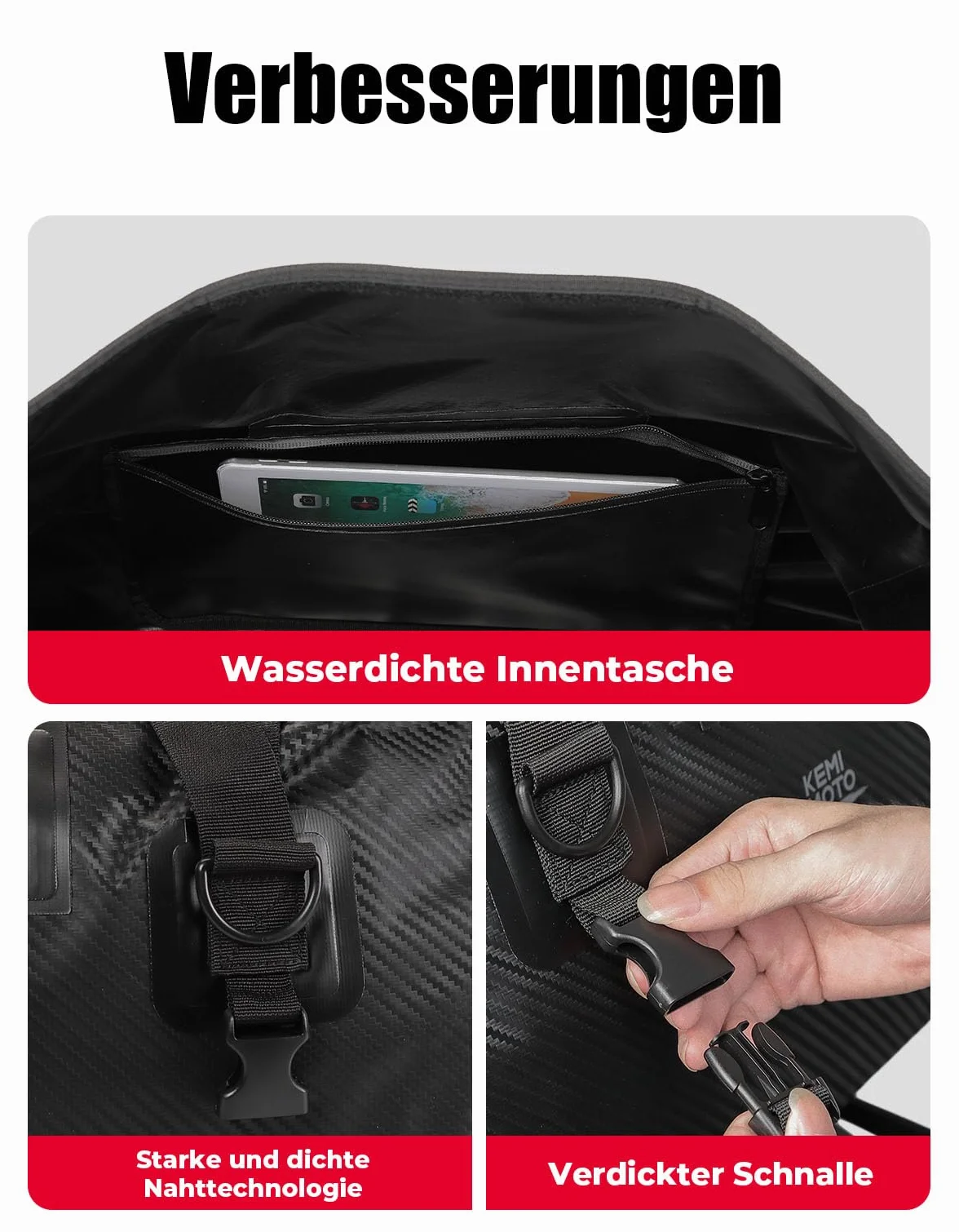 KEMIMOTO Torba motocyklowa, 40 l, wodoodporna tylna torba motocyklowa z paskiem na ramię, torba na siodełko motocyklowe z 4 pasami mocującymi do motocykli, jazdy na rowerze, kempingu, podróży