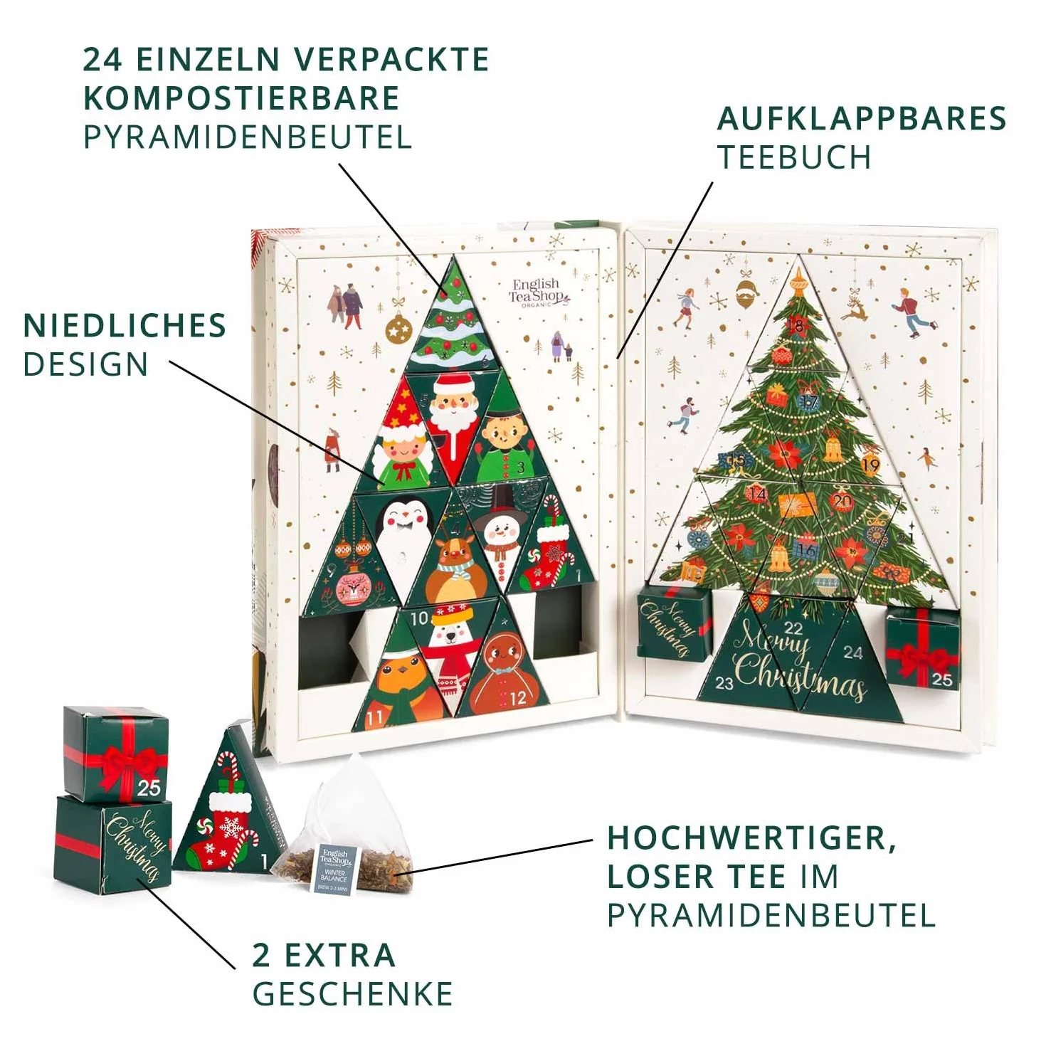 English Tea Shop - BIO Teebuch Kalendarz Adwentowy z Herbatą, 24 x Chai, Herbata Owocowa, Herbata Ziołowa i Atrakcje | Duży Kalendarz Adwentowy w Kształcie Książki z Kompostowanymi Torebkami