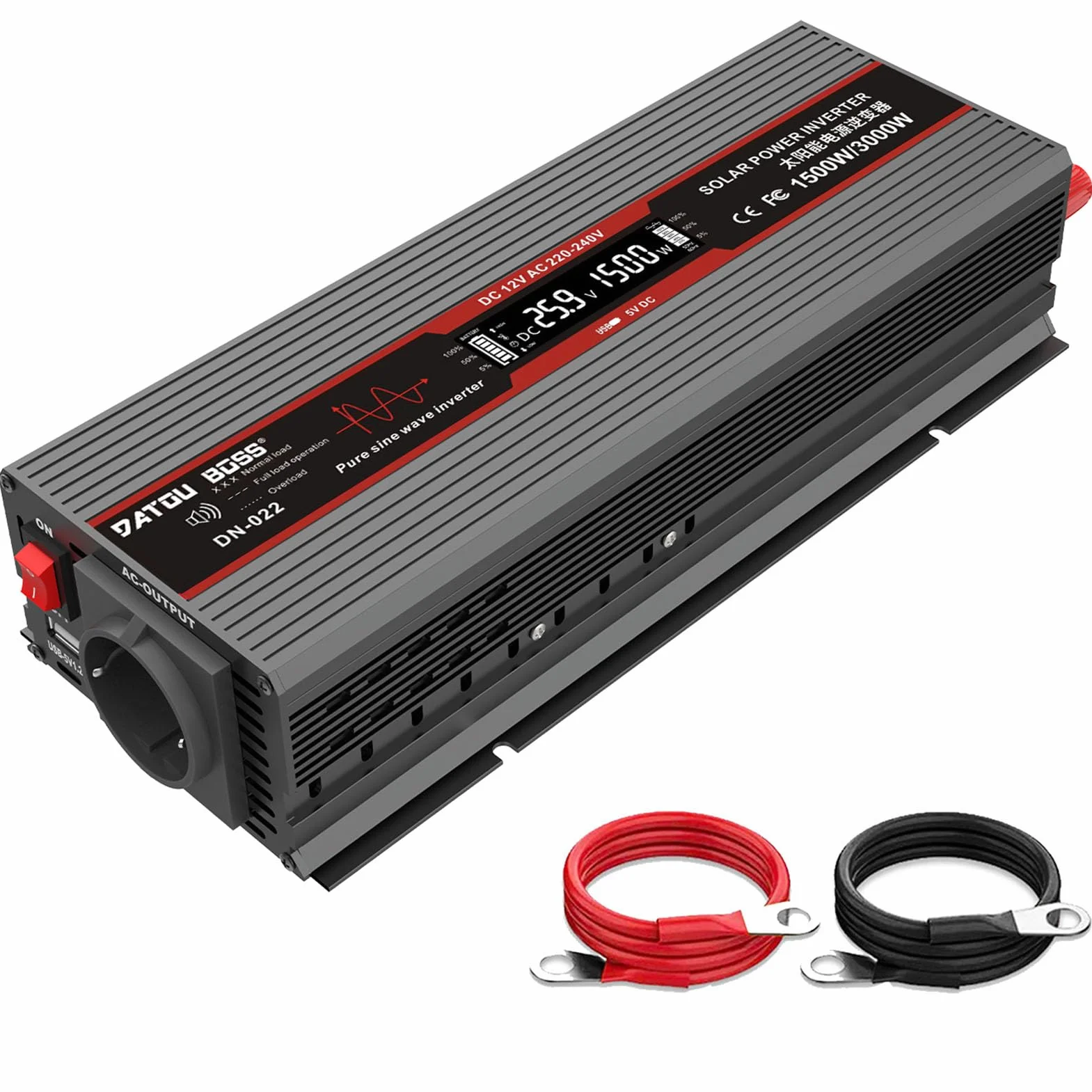 DATOUBOSS Przetwornica napięcia 24 V na 230 V, czysta sinusoidalna 1500 W/3000 W, z wyświetlaczem LCD, portami USB i gniazdami UE do domów, przyczep kempingowych